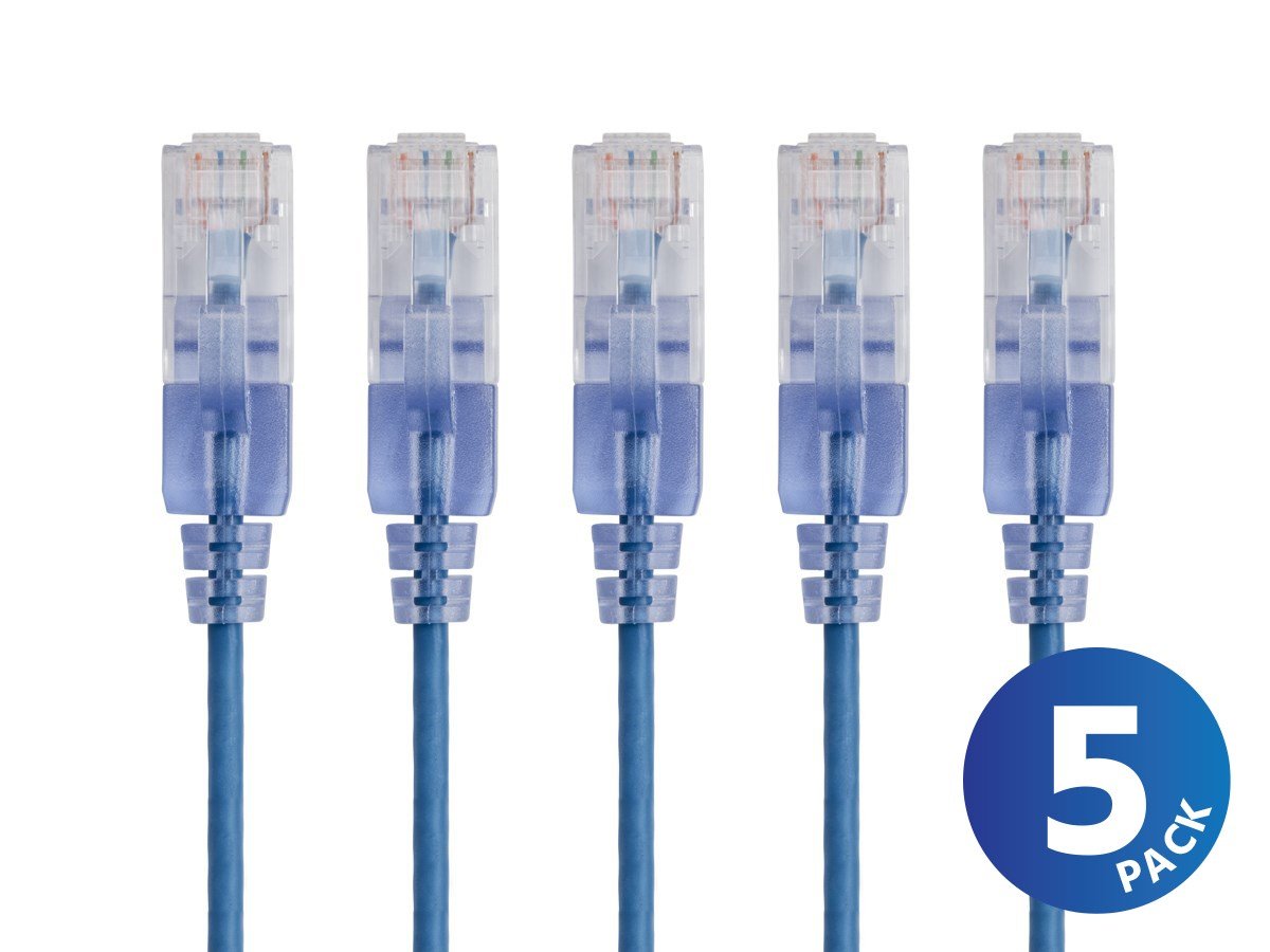 Monoprice Cat6A 20ft Blue 5-Pk Patch Cable, UTP, 30AWG, 10G, Pure Bare Copper, Snagless RJ45, SlimRun Series Ethernet Cable