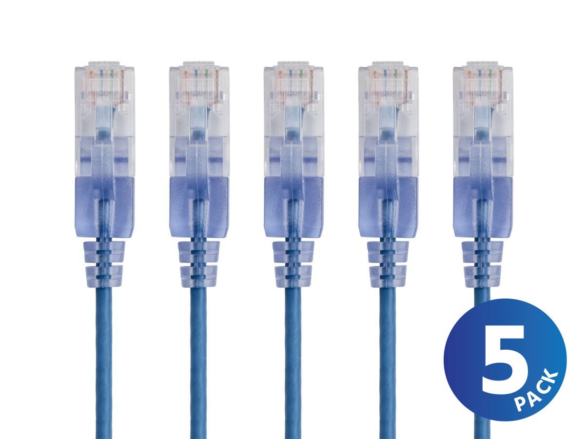 Monoprice Cat6A 25ft Blue 5-Pk Patch Cable, UTP, 30AWG, 10G, Pure Bare Copper, Snagless RJ45, SlimRun Series Ethernet Cable