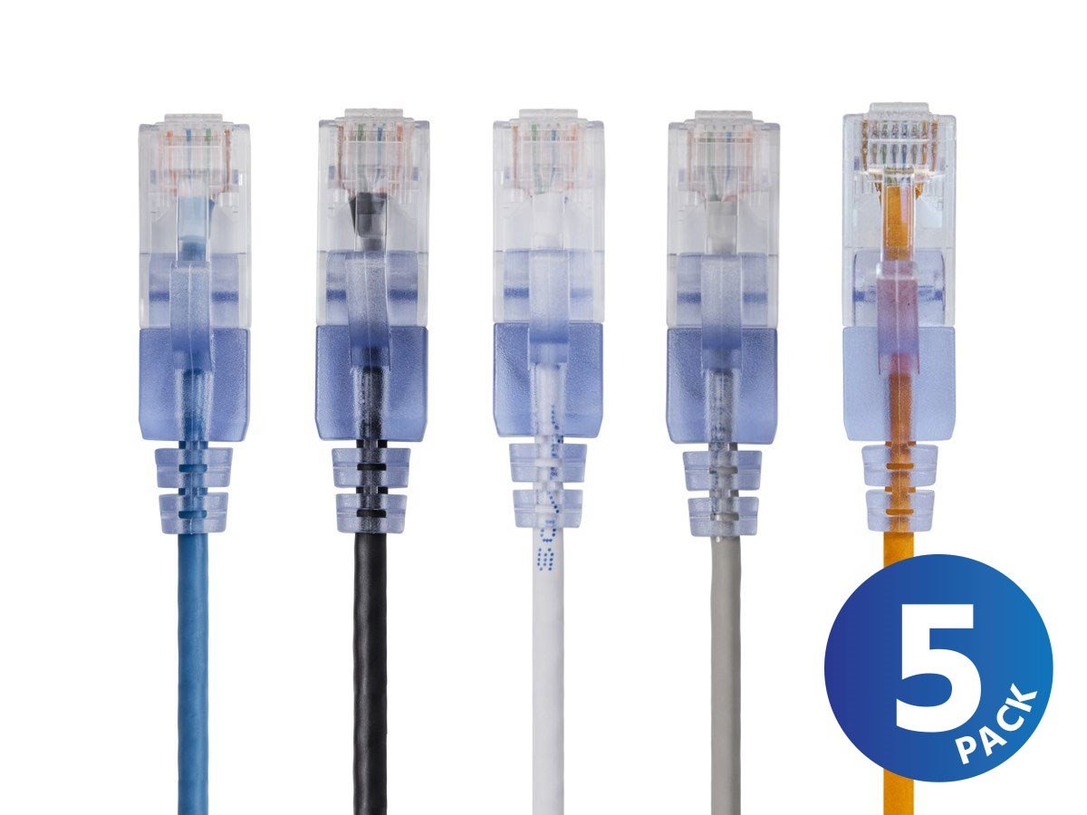Monoprice SlimRun Cat6A Ethernet Patch Cable - Snagless RJ45, Stranded, UTP, Pure Bare Copper Wire, 30AWG, 50ft, 5-Color, 5-Pack - main image