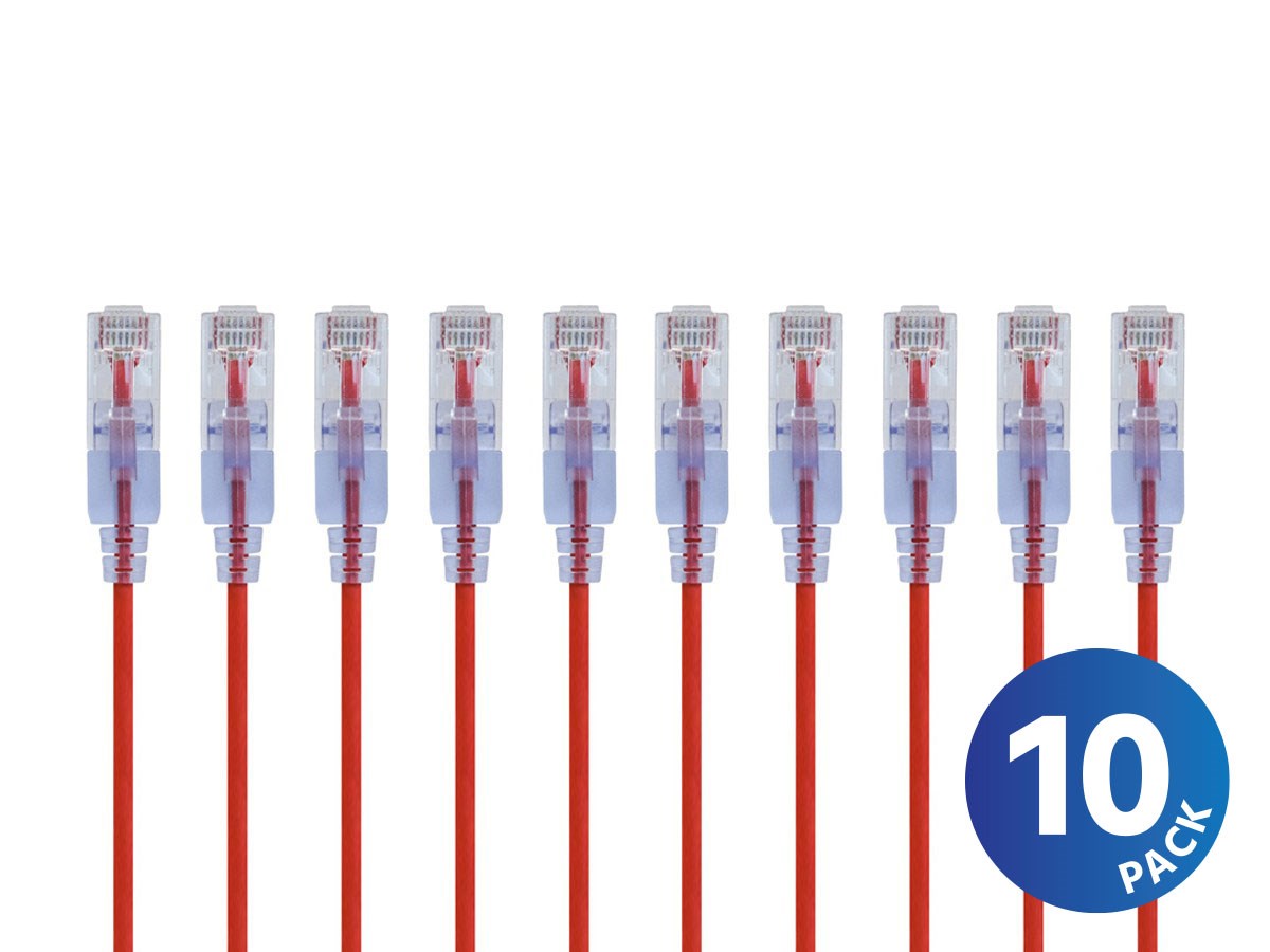 Monoprice Cat6A 25ft Red 10-Pk Patch Cable, UTP, 30AWG, 10G, Pure Bare Copper, Snagless RJ45, SlimRun Series Ethernet Cable