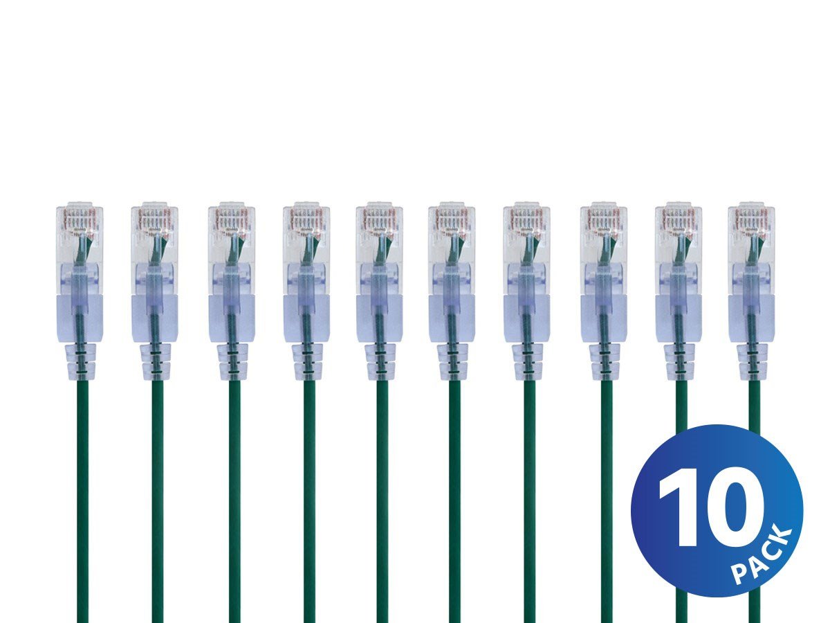 Monoprice SlimRun Cat6A Ethernet Patch Cable - Snagless RJ45, 550MHz, UTP, Pure Bare Copper Wire, 10G, 30AWG, 25ft, Green, 10-Pack - main image