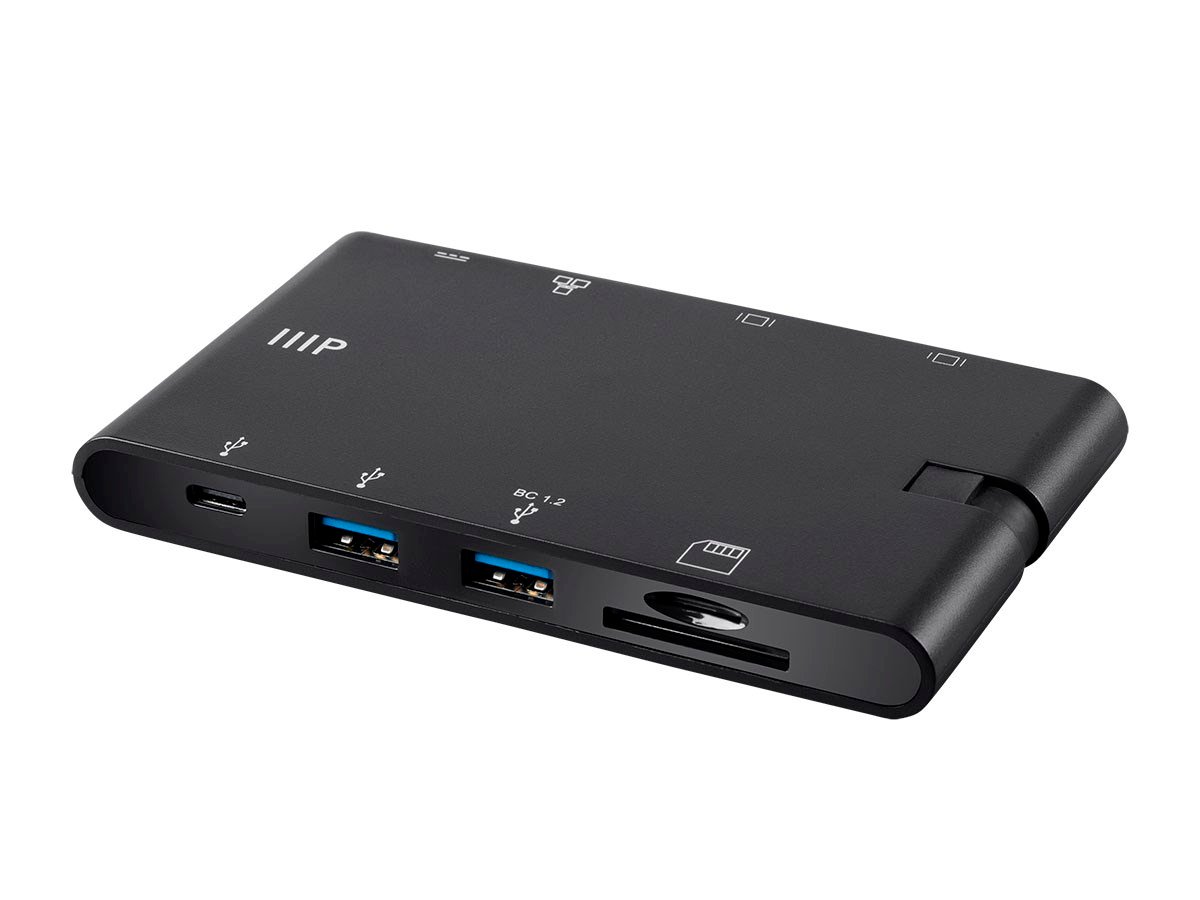 Monoprice Mobile Series USB-C to HDMI 4K@30Hz, VGA, 2-Port USB 3.0, Gigabit RJ45, SD Card, USB-C Data Port, USB-C 100W Power Delivery Dock Adapter with Folding Type-C Connector - main image