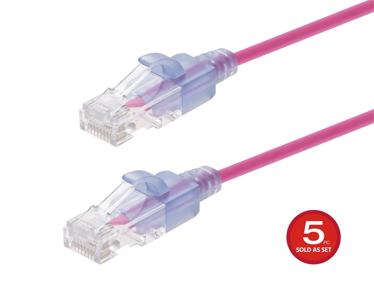 Monoprice Cat6A 5ft Pink 5-Pk Patch Cable, UTP, 30AWG, 10G, Pure Bare Copper, Snagless RJ45, SlimRun Series Ethernet Cable