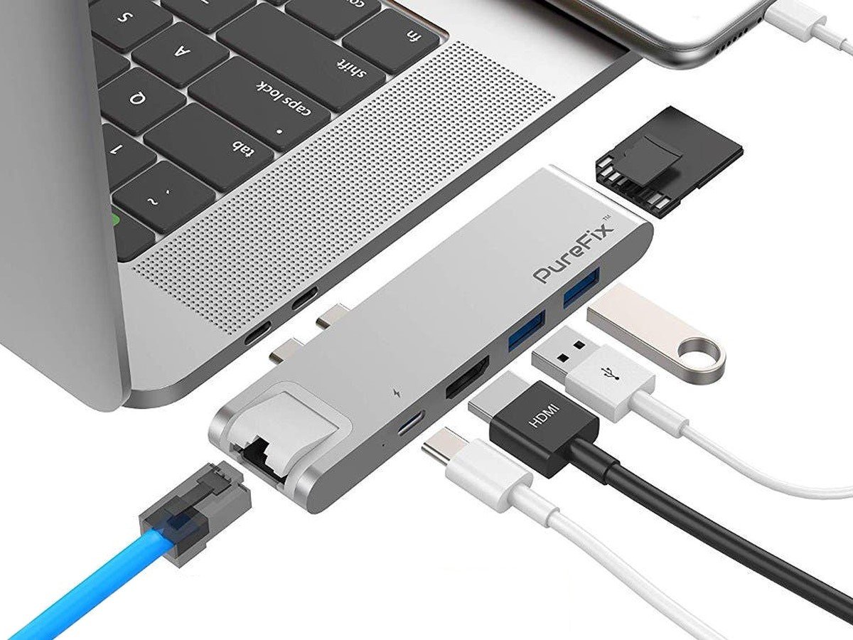 Midler Recollection forbinde PureFix USB C Hub, 7-in-2 Dual Type-C Adapter for MacBook Pro 13&#34;  15&#34; Gigabit Ethernet, Power Delivery, Thunderbolt 3, 4K HDMI,  MicroSD/SD Card Reader (Silver) - Monoprice.com