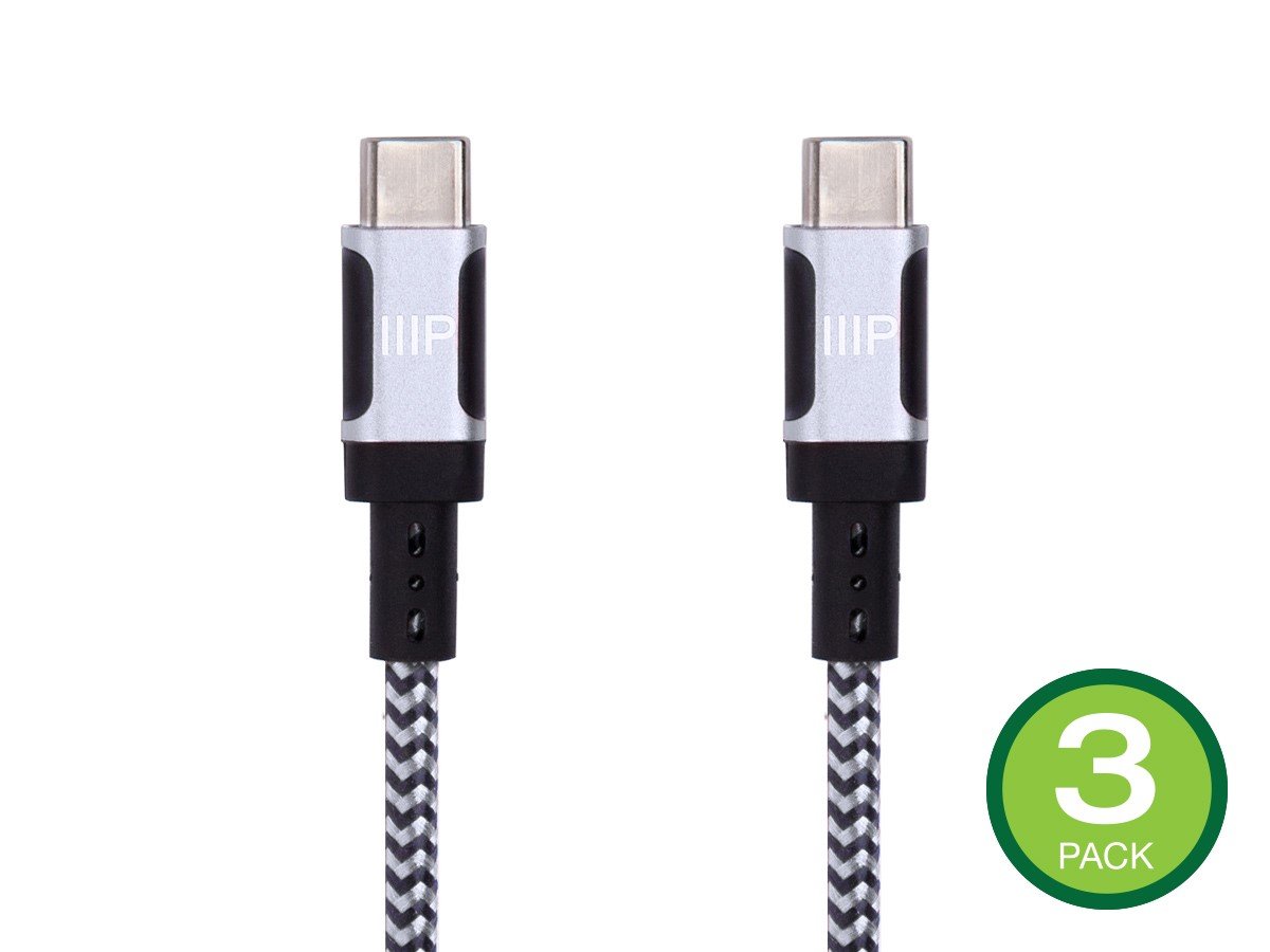 Monoprice Wrap Series Charge and Sync USB Type-C to Type-C Cable, USB 2.0, Up to 3A/60W, 3ft, White, 3 Pack