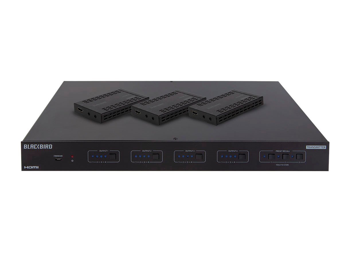 Blackbird 4K HDMI Matrix, 4x4, HDBaseT, HDR, 18G, 4K@60Hz, YCbCr 4:4:4, HDCP 2.2, EDID, IR, SPDIF, RCA, TCP/IP, RS-232, and 3 Receivers 70m - main image