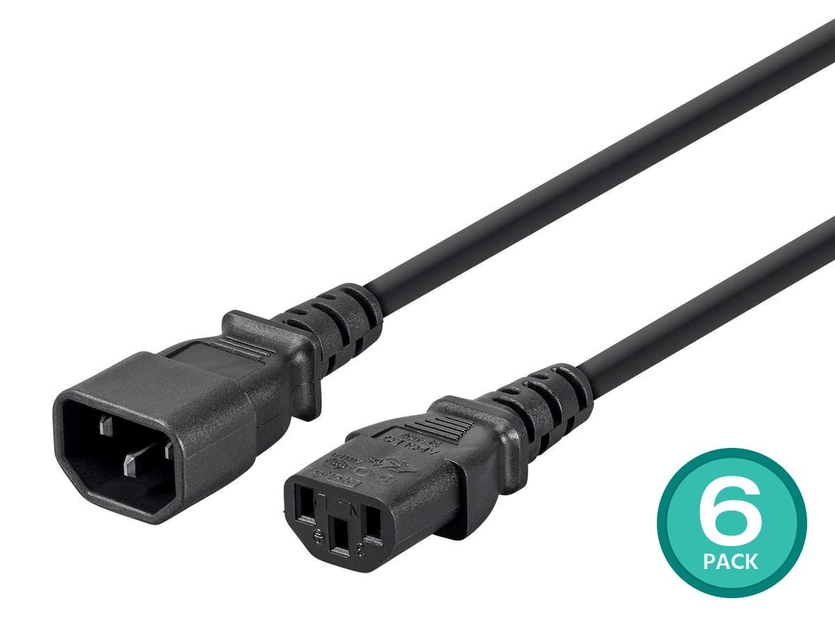 Monoprice Extension Cord - IEC 60320 C14 To IEC 60320 C13, 18AWG, 10A/1250W, 3-Prong, SVT, Black, 6ft, 6-Pack