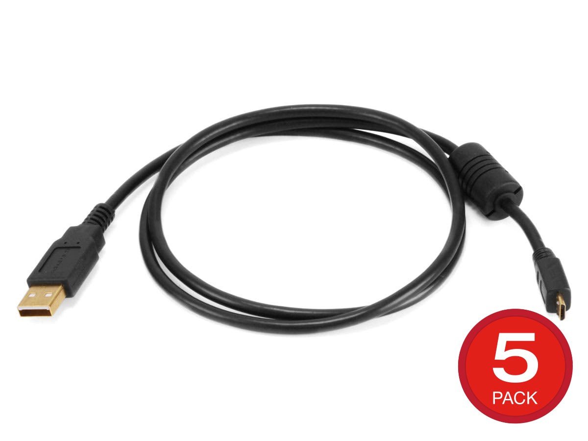Monoprice USB-A To Micro B 2.0 Cable - 5-Pin 28/24AWG Gold Plated Black 3ft, 5-Pack