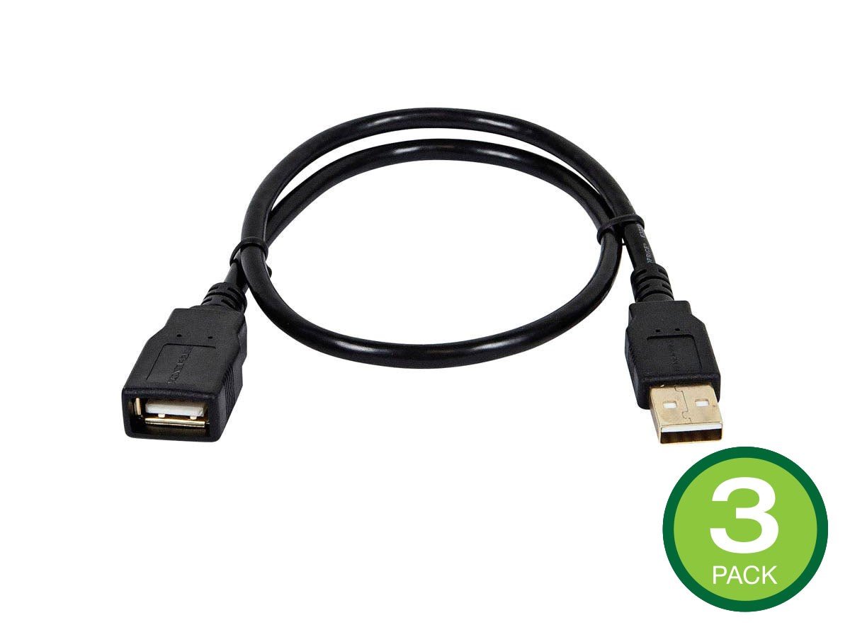 Monoprice USB USB-A To USB USB-A Female 2.0 Extension Cable - 28/24AWG Gold Plated Black 1.5ft  3-Pack