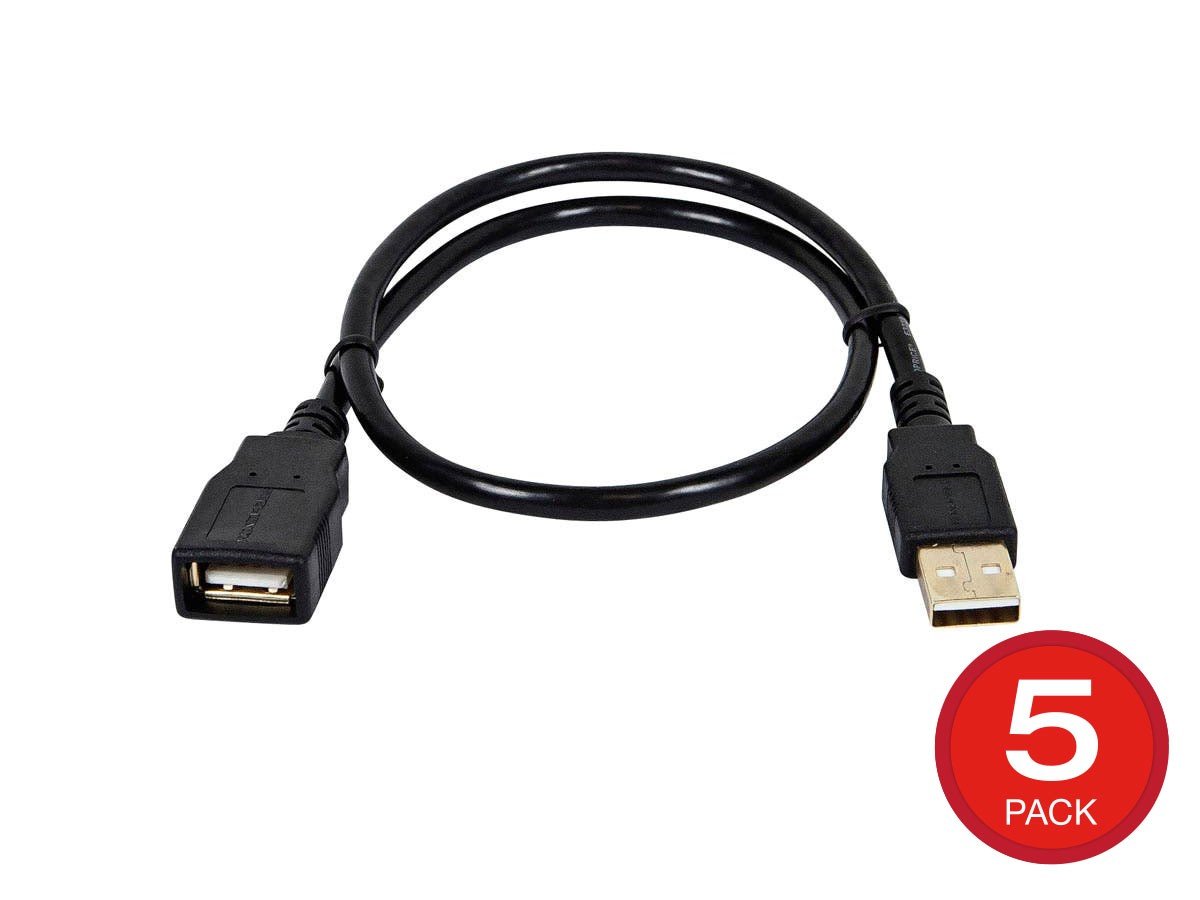 Monoprice USB USB-A To USB USB-A Female 2.0 Extension Cable - 28/24AWG Gold Plated Black 1.5ft  5-Pack