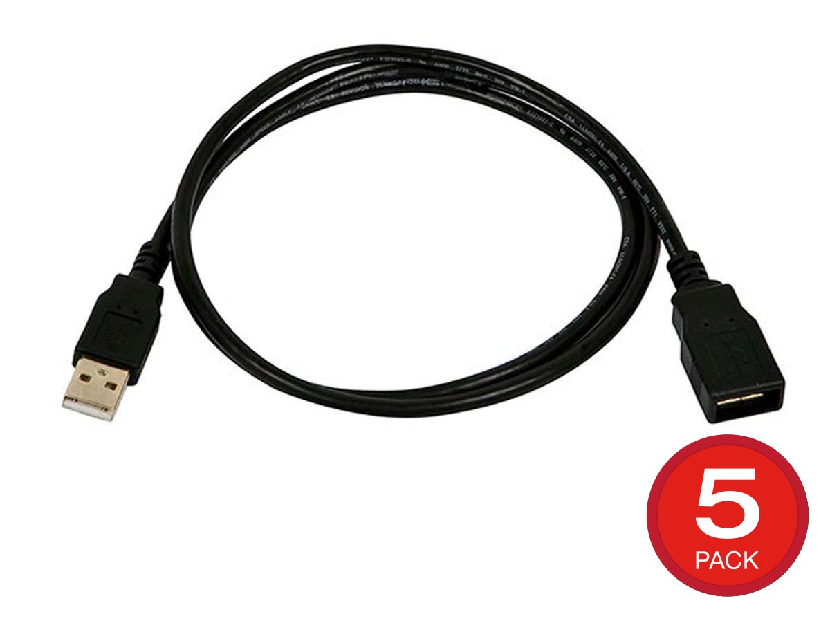 Monoprice USB USB-A To USB USB-A Female 2.0 Extension Cable - 28/24AWG Gold Plated Black 3ft  5-Pack