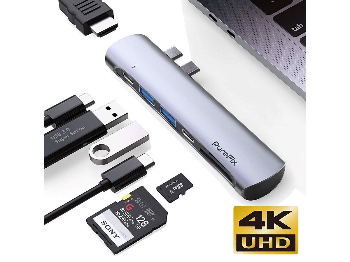 Usb C Hub 7 In 1 Adapter Dongle Compatible For Apple Macbook Pro 17 19 And Macbook Air 18 19 Thunderbolt 3 With 2 Usb 3 0 Ports 4k Hdmi 100w Pd Sd Micro Sd Card Reader Space Grey Monoprice Com