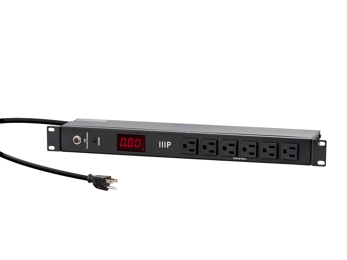 Monoprice 14 Outlet Metal 1U Rackmount PDU Power Distribution Unit with Ampere Meter, 8 Rear 6 Front NEMA 5-15R Outlets, 15A Circuit Breaker, 6ft Cord - main image