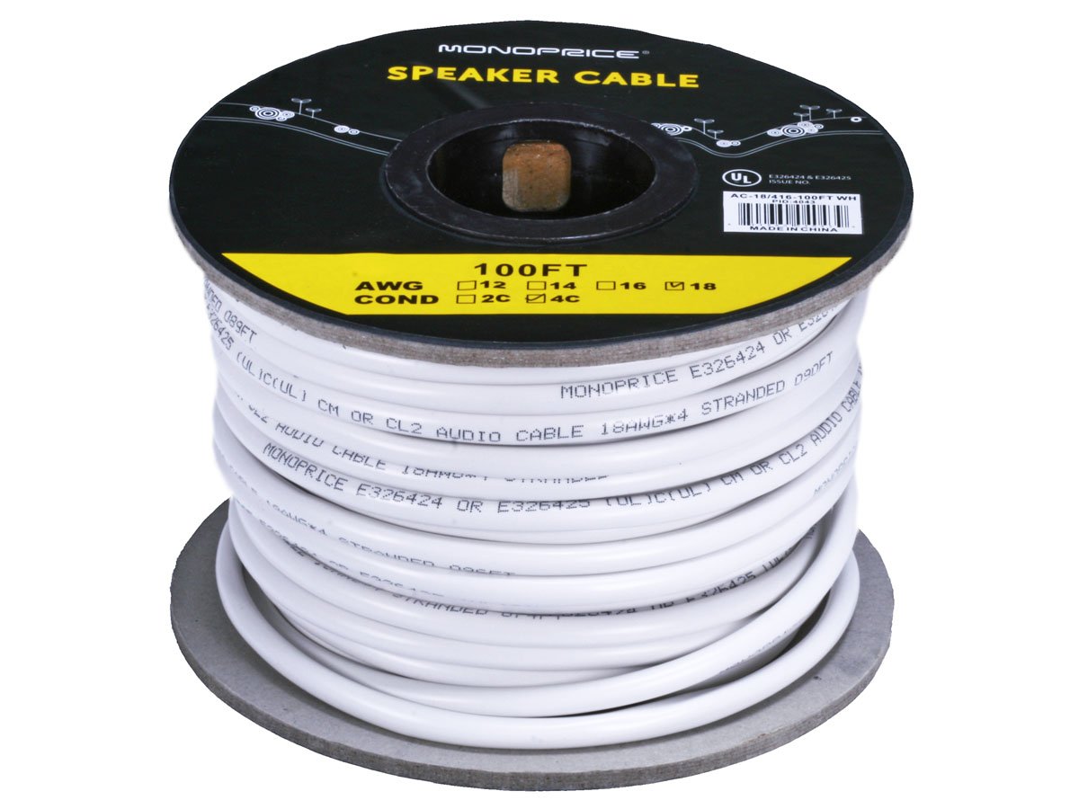 Monoprice Access Series 18AWG CL2 Rated 4-Conductor Speaker Wire 100ft White