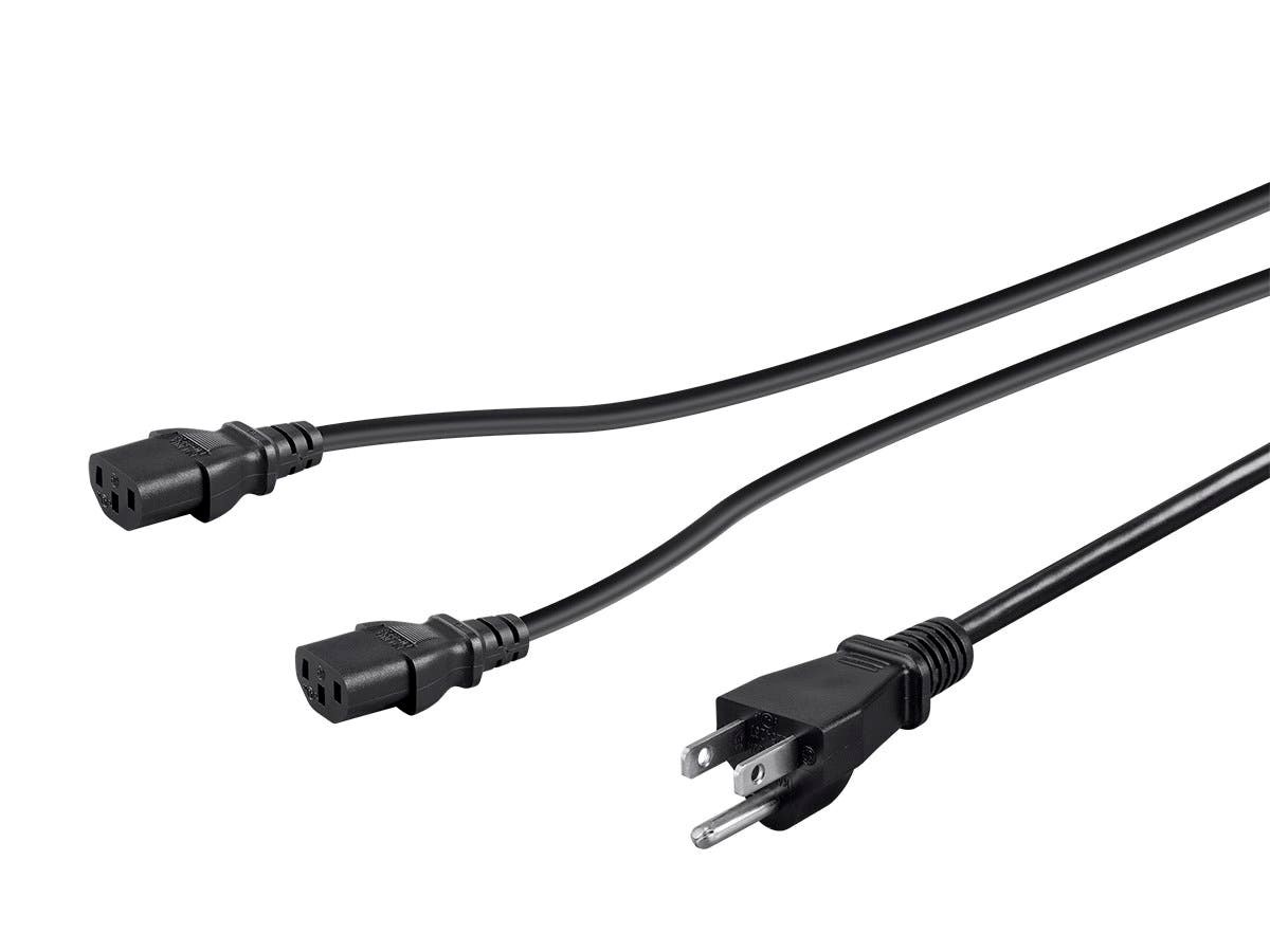 Monoprice Power Cord Splitter - NEMA 5-15P To 2x IEC 60320 C13, 18AWG, 10A/1250W, SJT, Black, 3ft