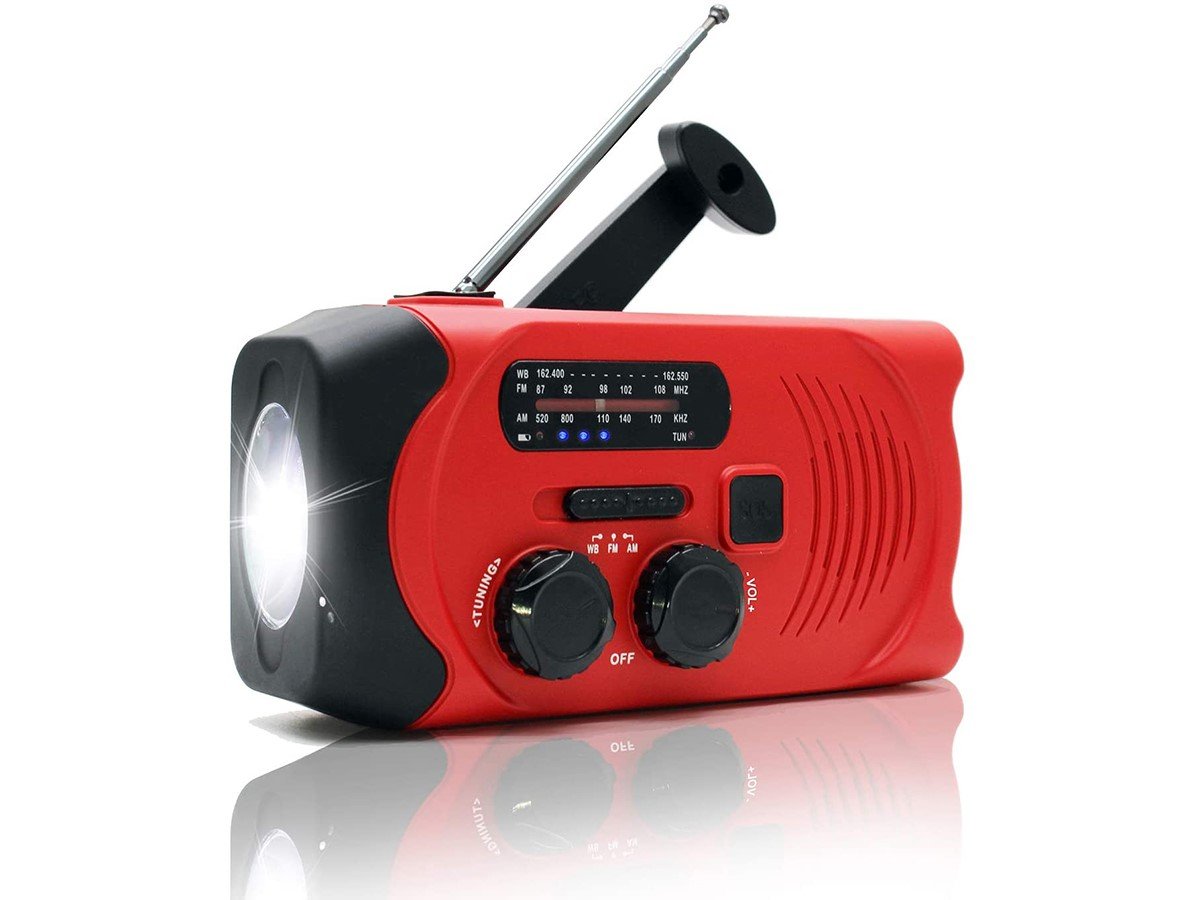 Solar AM/FM Radio,Portable Multi-Function Hand Crank Weather Radio with Emergency Phone Charger Bank and LED Flashlight Function Red