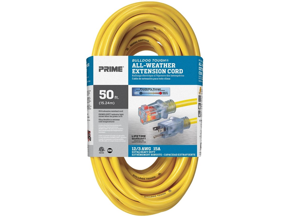 Outdoor Oil Resistant Extension Power Cord, 12AWG, 20A, SJTOW, Yellow, 50ft - main image