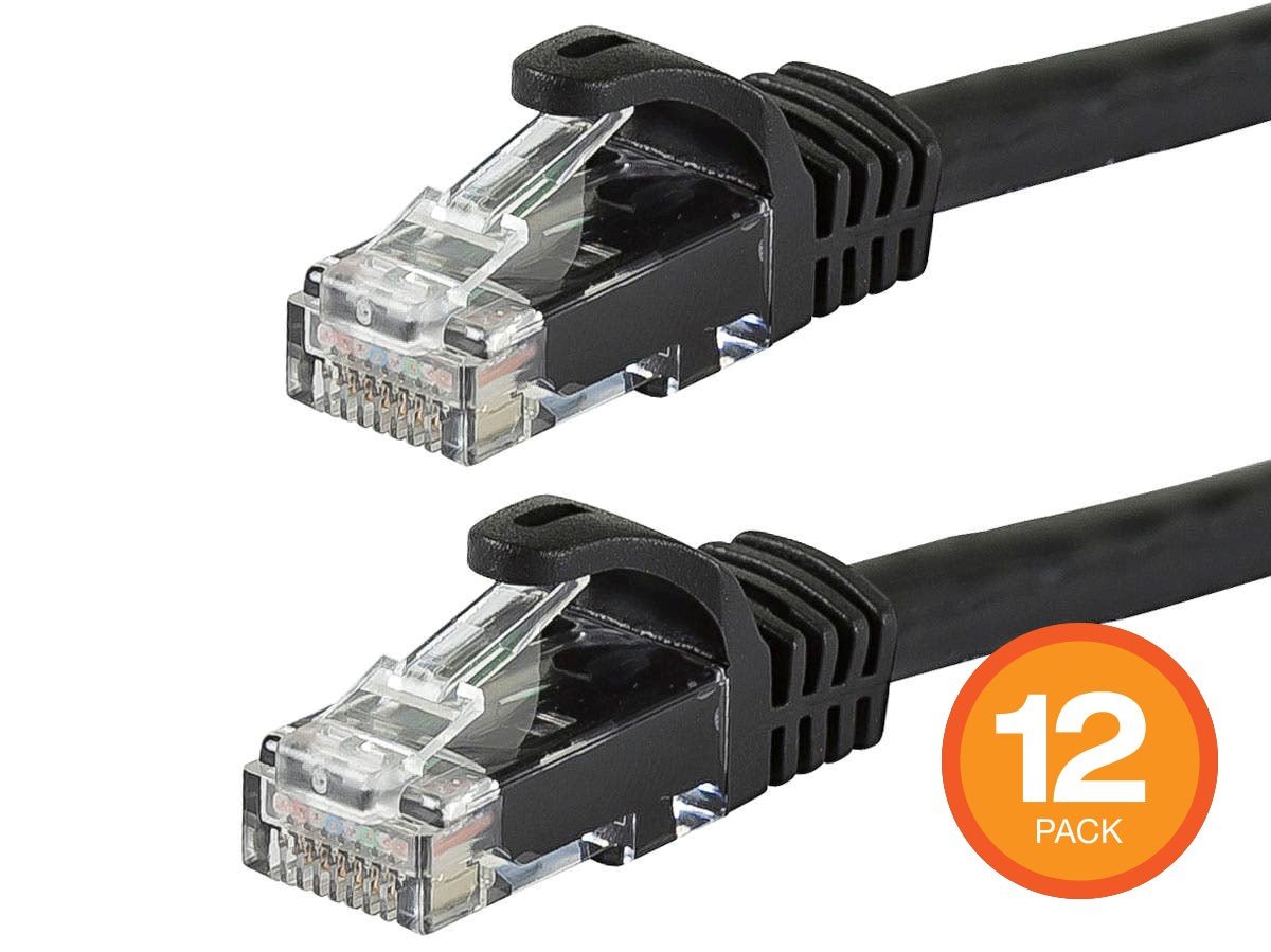 Monoprice Cat6 7ft Black 12-Pk Patch Cable, UTP, 24AWG, 550MHz, Pure Bare Copper, Snagless RJ45, Flexboot Series Ethernet Cable - main image