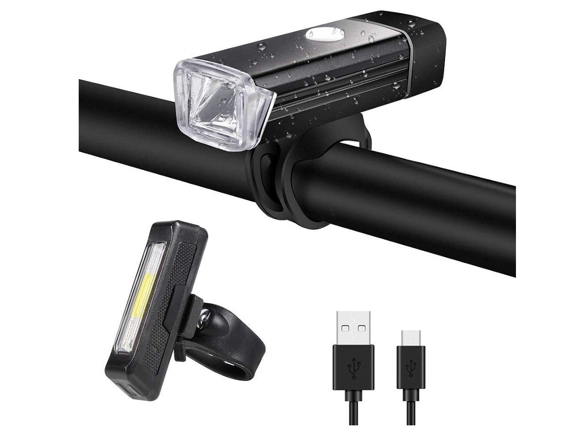 Evursua Super Bright Bike Front Light Rechargeable,Bicycle Headlight with 2 side Alarm Lights,Rotating Brightness Headlamp,4 Modes,Waterproof IPX6