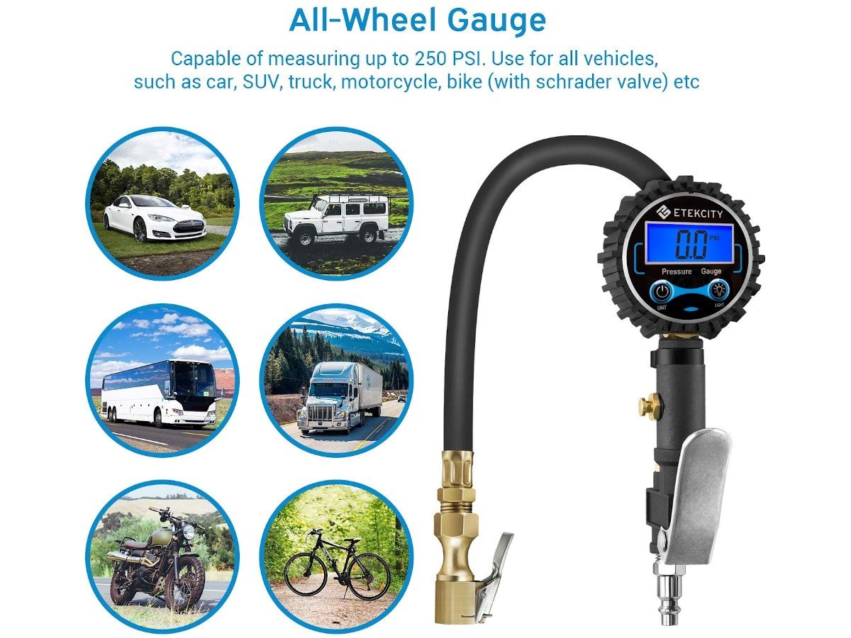 Digital Tire Inflator Pressure Gauge, 250 PSI Air Chuck and Compressor  Accessories Heavy Duty with Rubber Hose Quick Connect Coupler -  Monoprice.com