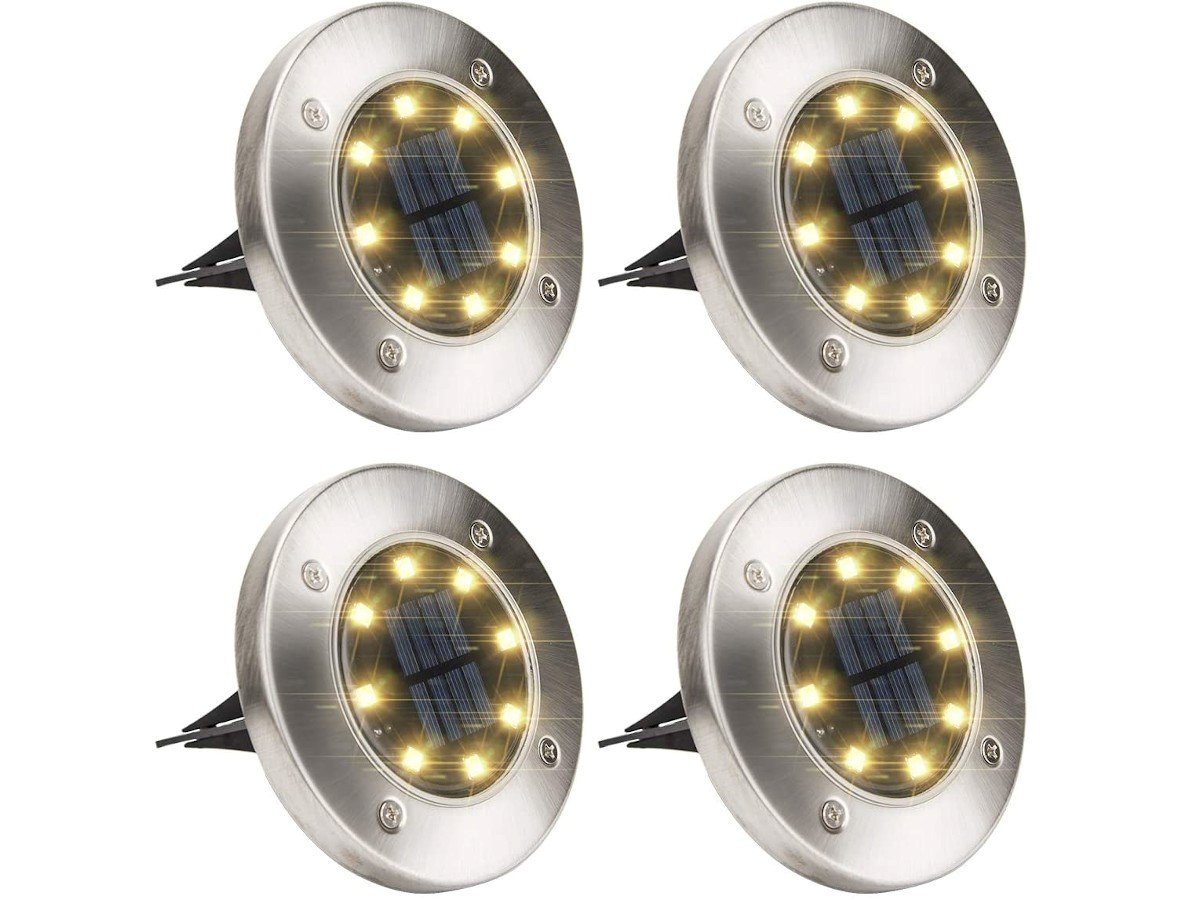 Solar Ground LightsSolar Disk Lights Outdoor Waterproof 8 LED Solar Garden  Lights for Pathway Warm White (4 Pack)