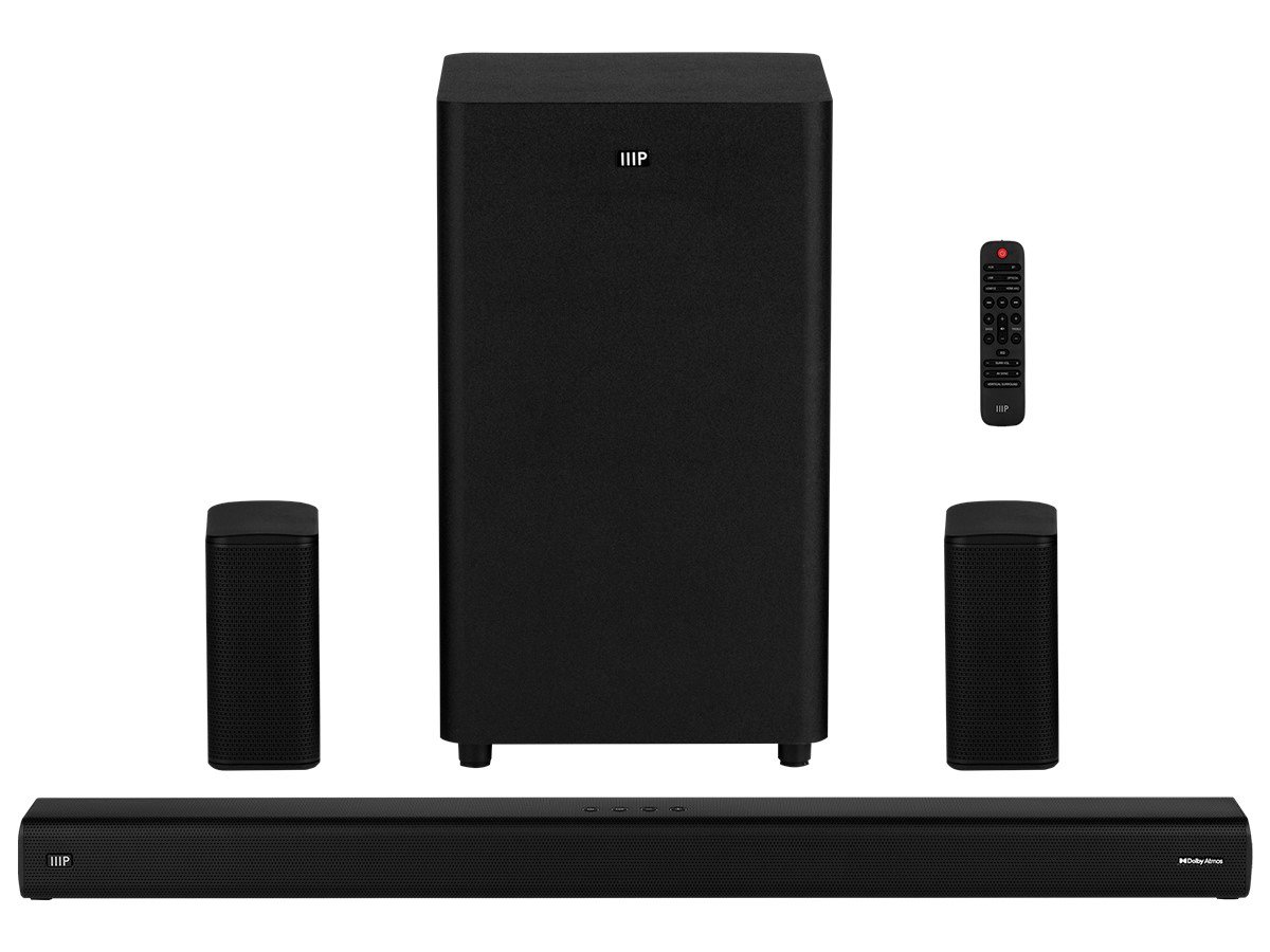 Monoprice Dolby Atmos 5.1.2 with Wireless Subwoofer and Wireless Surround Speakers, 2 HDMI Inputs, 4K HDR/DV Pass-Through, Toslink, Coax, Remote - Monoprice.com