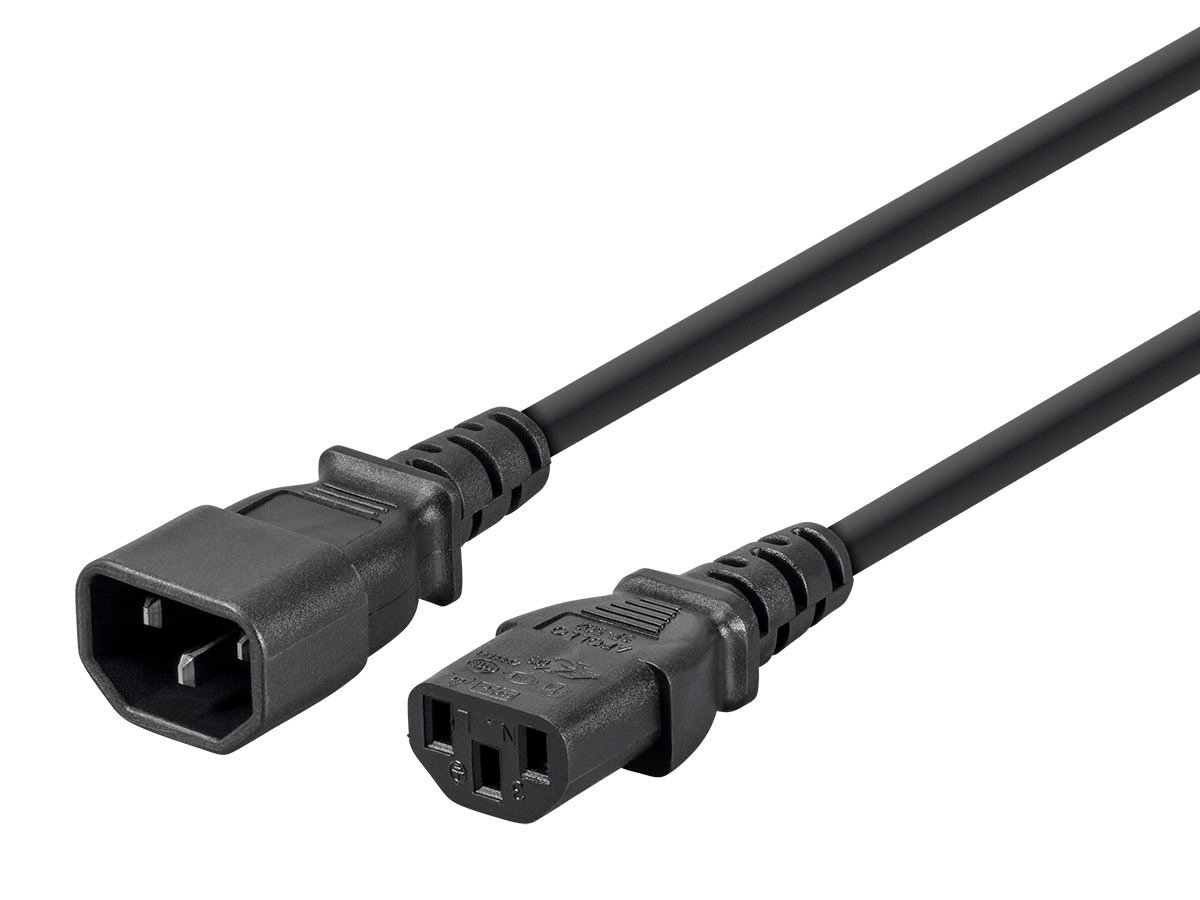 Monoprice Extension Cord - IEC 60320 C14 to IEC 60320 C13, 16AWG, 13A/1625W, 125V, 3-Prong, SJT, Black, 1ft - main image