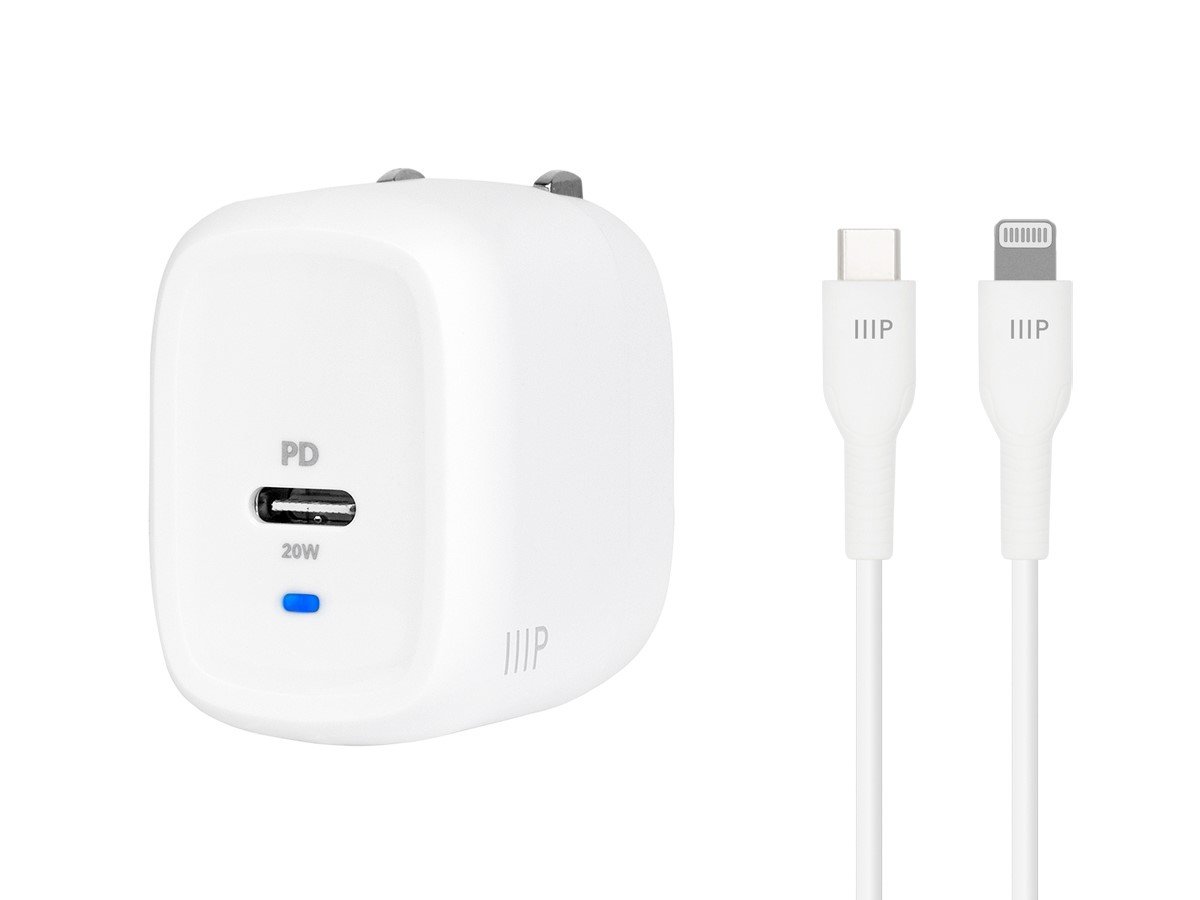 Monoprice iPhone Pro Charging Bundle - MFi Certified 20W 1-port PD GaN Technology Foldable Wall Charger and 1.2m (4ft) Fast Charge Cable for iPad, iPhone 14/13/12/11/Pro/Max/XR/XS/X, White - main image