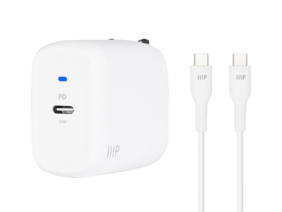 Monoprice iPad Pro Charging Bundle - 30W 1-port PD GaN Technology Foldable Wall Charger White, Power Delivery and 1.8m (6ft) Fast Charge USB-C Cable for MacBook Pro/Air, Laptops, Pixel, Galaxy & More - main image