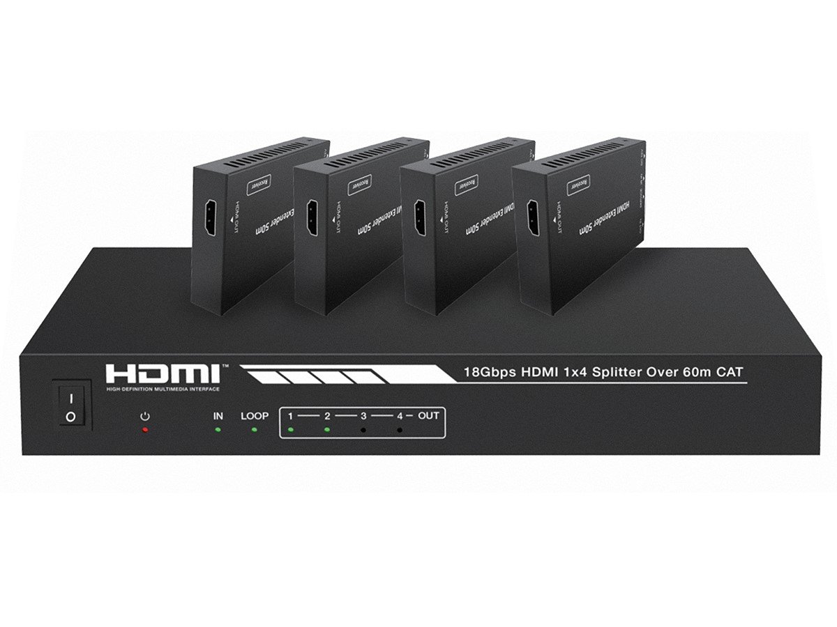 Monoprice Blackbird 4K HDMI 2.0 1x4 Splitter Extender --Complete Solution Kit-- 18Gbps, HDR, 4K@60Hz, YCbCr 4:4:4, HDCP 2.2, Cat6/6a/7 with IR, Loop Out, EDID, POC with 4 Receivers, 60m, 197ft - main image