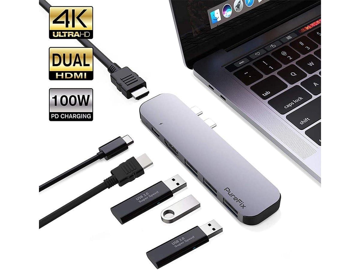 Purefix 6 In 1 Premium Dual Hdmi Usb C Hub Adapter For Macbook Pro 17 18 19 Macbook Air 18 19 Ultra Silm Space Gray Monoprice Com