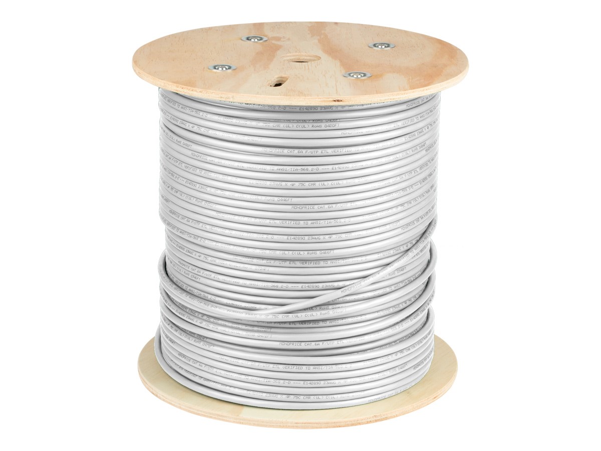 Monoprice Cat6A 500ft White CMR UL Bulk Cable, TAA, Shielded (F/UTP), Solid,  23AWG, 550MHz, 10G, Pure Bare Copper, Spool in Box, Bulk Ethernet Cable 
