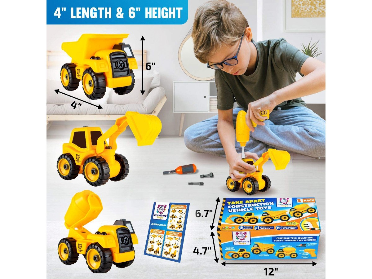 Build-It-Yourself Take-Apart Excavator Mixer and Dump Truck Toy with Tools For Boys 29 Pieces Prextex DIY 9-in-1 Construction Vehicle Set 
