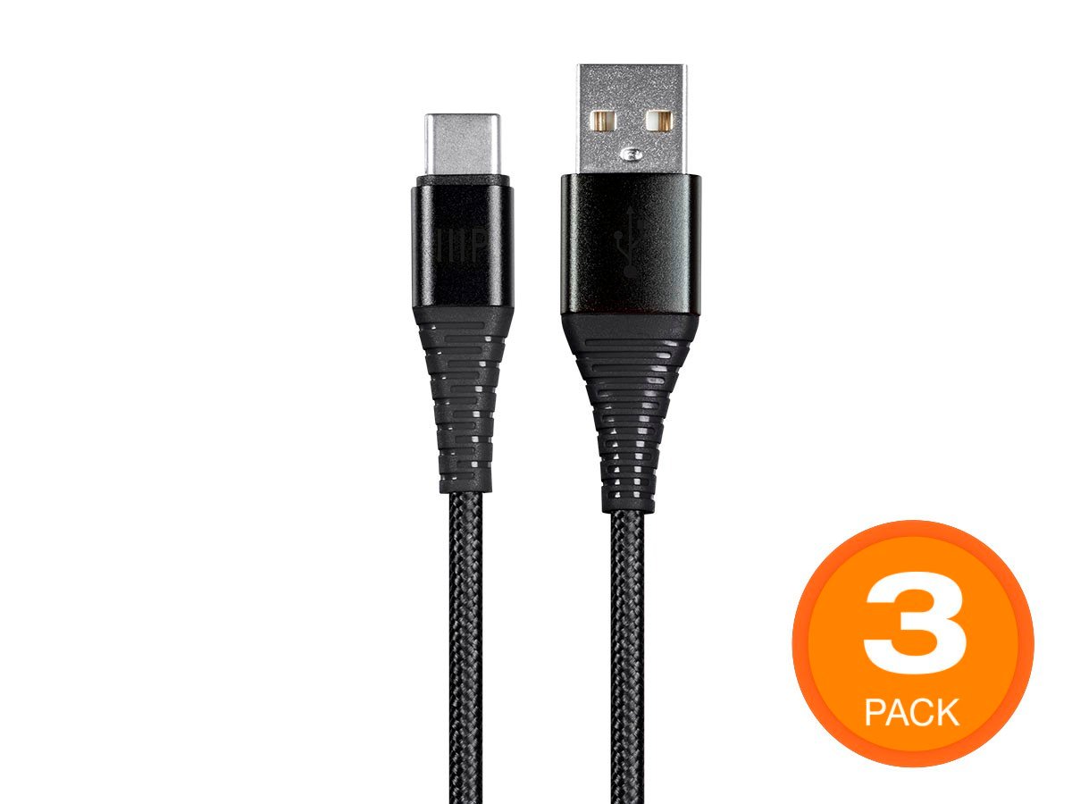 Monoprice AtlasFlex Series Durable USB 2.0 Type-C to Type-A Charge and Sync Kevlar-Reinforced Nylon-Braid Cable, 3ft, Black - 3 Pack - main image