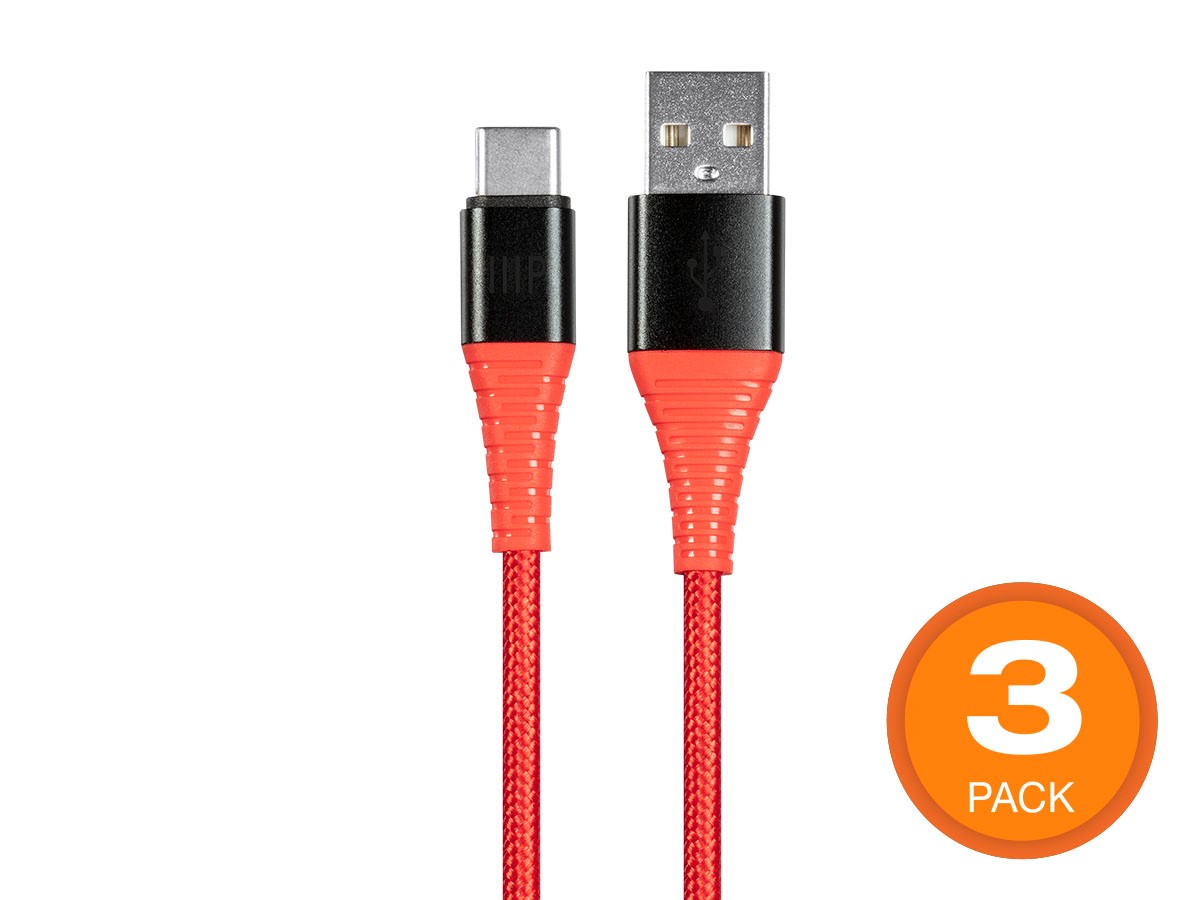 Monoprice AtlasFlex Series Durable USB 2.0 Type-C to Type-A Charge and Sync Kevlar-Reinforced Nylon-Braid Cable, 3ft, Red - 3 Pack - main image