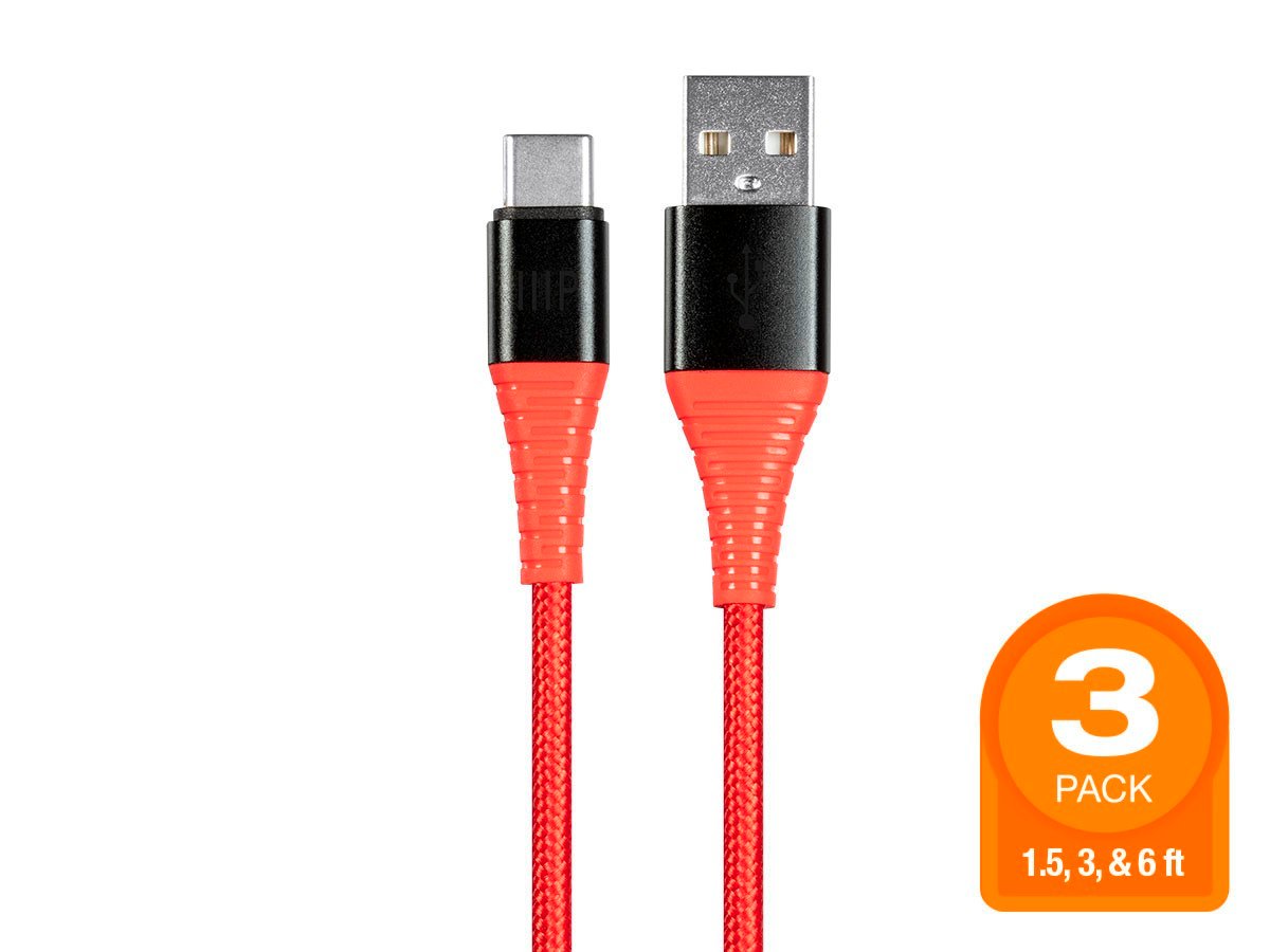 Monoprice AtlasFlex Series Durable USB 2.0 Type-C to Type-A Charge and Sync Kevlar-Reinforced Nylon-Braid Cable, 1.5ft/3ft/6ft, Red - 3 Pack - main image