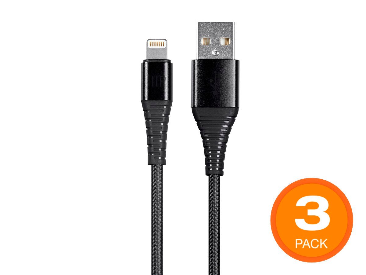 Monoprice Premium Ultra Durable Nylon Braided Apple MFi Certified Kevlar-Reinforced Lightning to USB Type-A Charging Cable, 3-Pack - 3ft, Black - main image