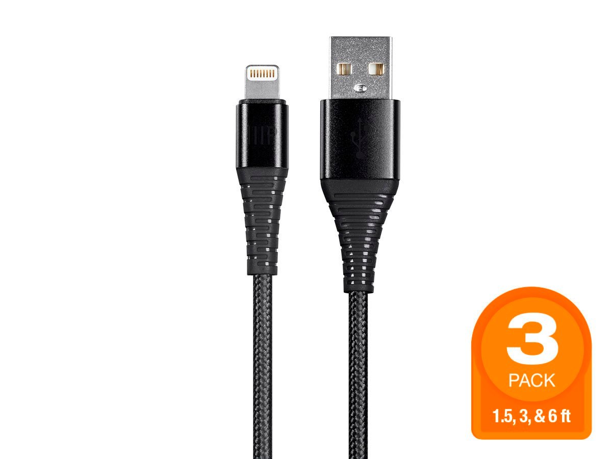 Monoprice Premium Ultra Durable Nylon Braided Apple MFi Certified Kevlar-Reinforced Lightning To USB USB-A Charging Cable  3-Pack - 1.5ft/3ft/6ft  Bla