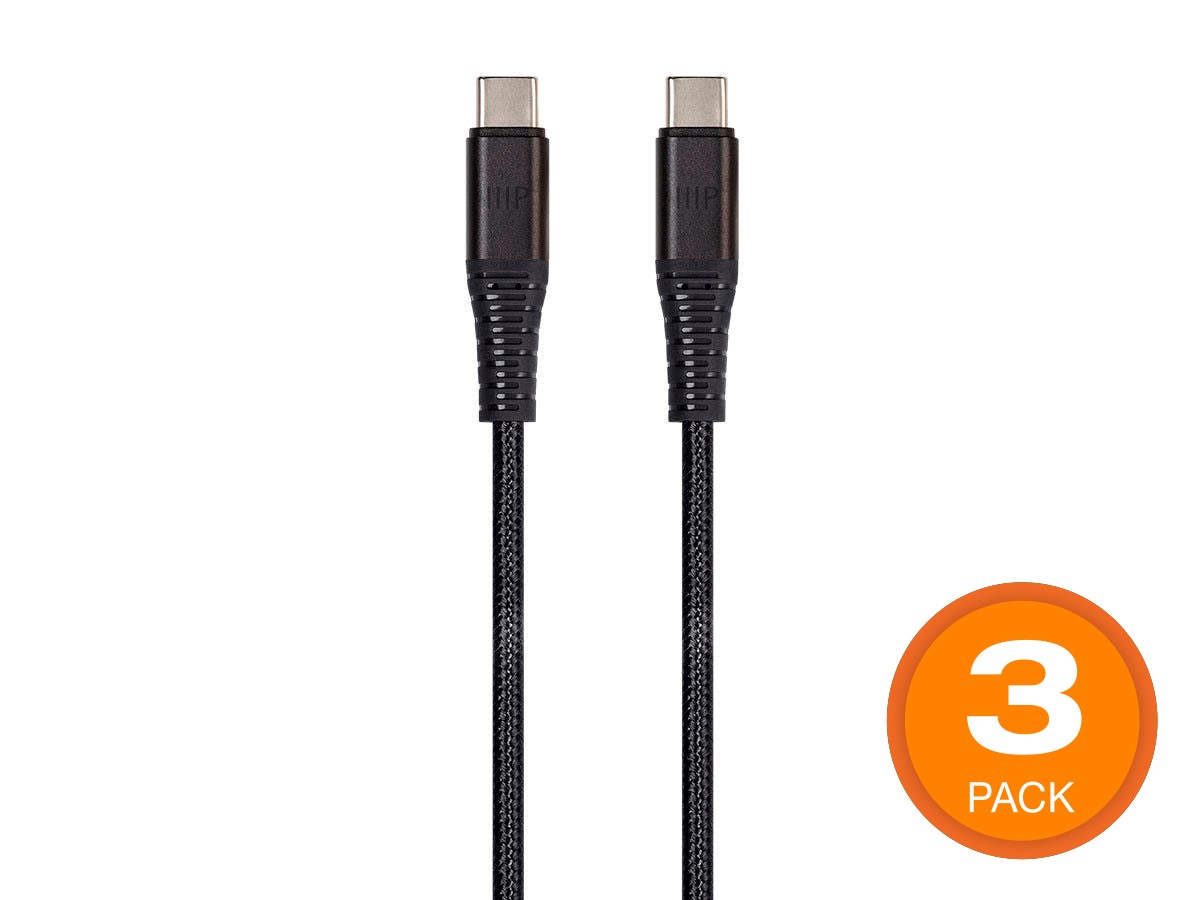 Monoprice AtlasFlex Series Durable USB 2.0 Type-C Charge and Sync Kevlar Reinforced Nylon-Braid Cable, 5A/100W, 10ft, Black - 3 Pack - main image