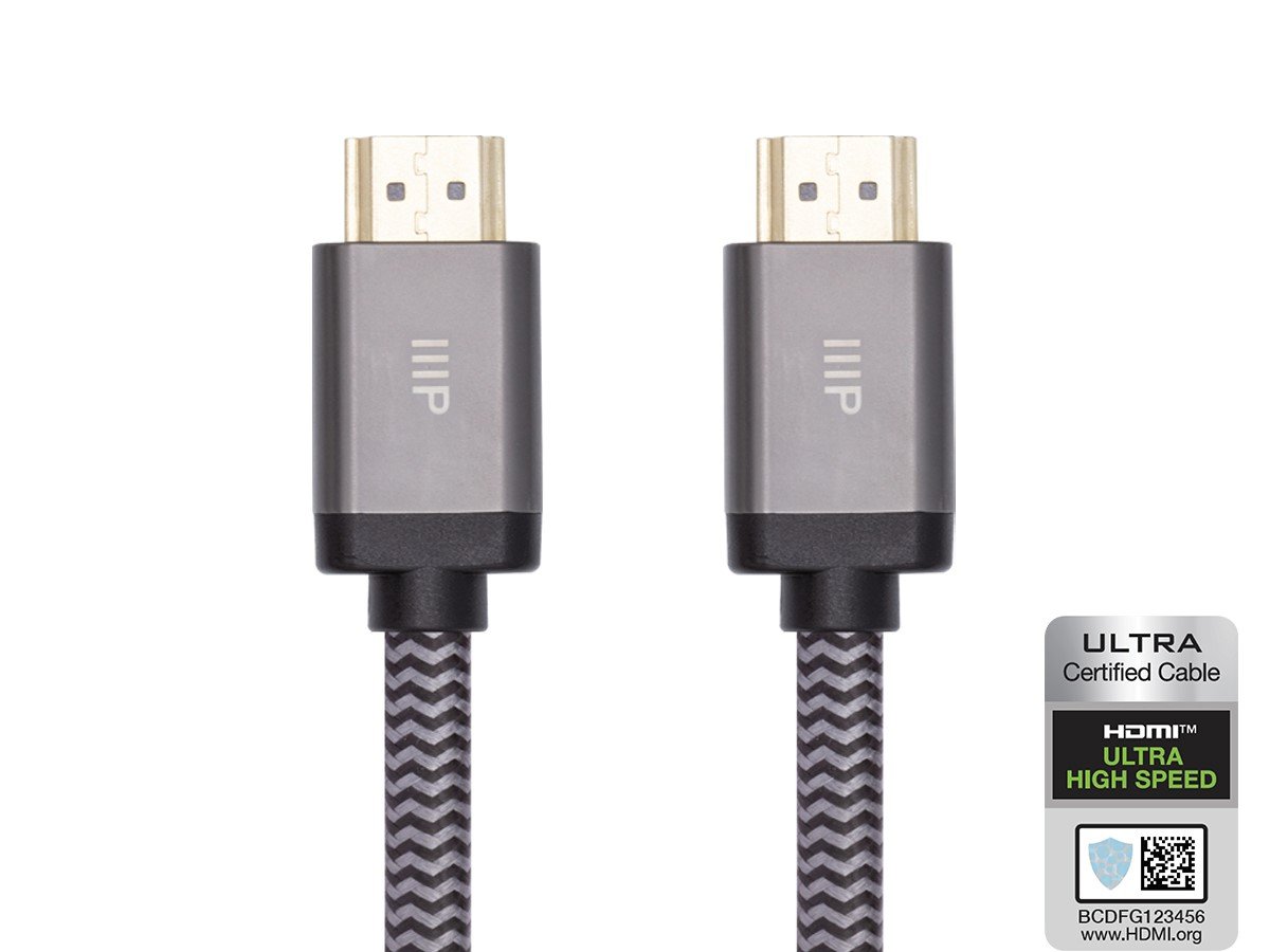 Monoprice 8K Certified Braided Ultra High Speed HDMI Cable - HDMI 2.1, 8K@60Hz, 48Gbps, CL2 In-Wall Rated, 28AWG, 10ft, Black - main image
