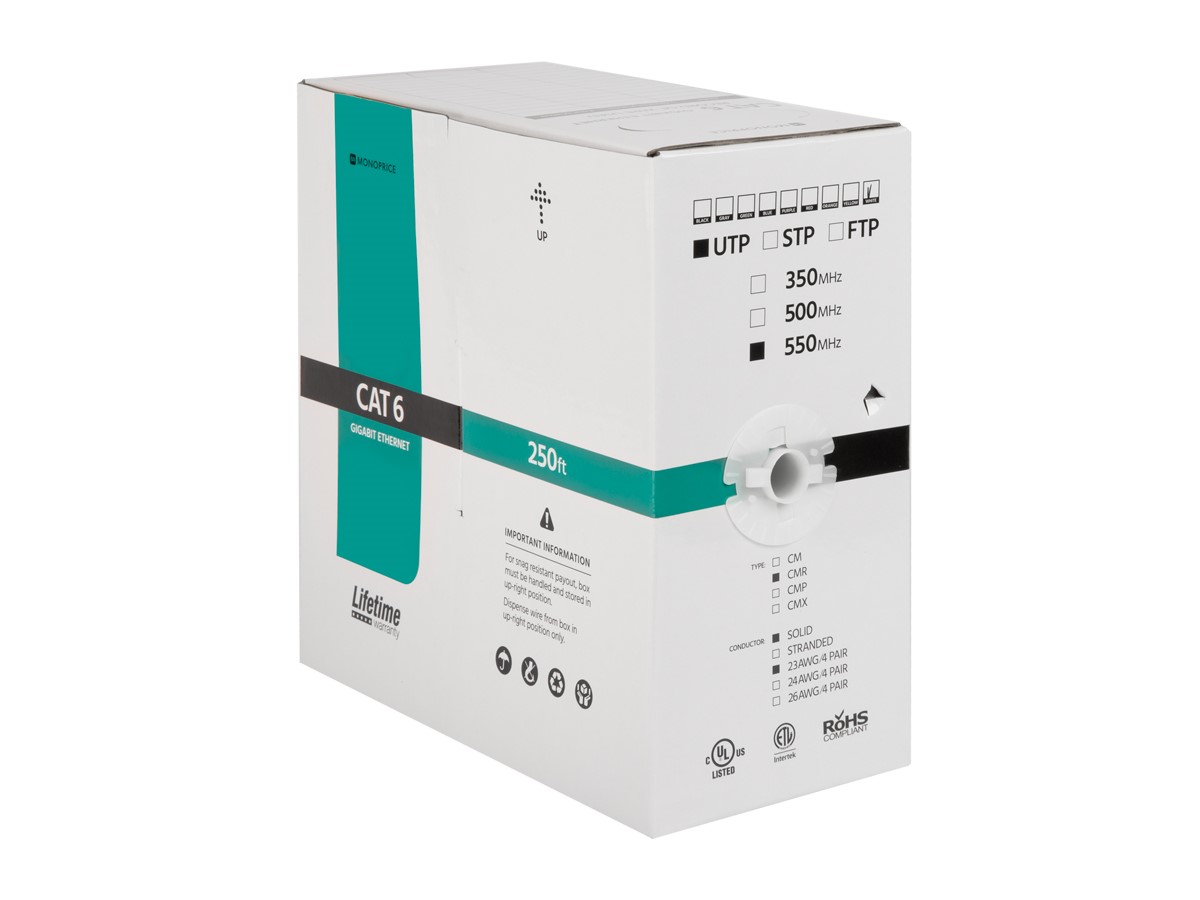 Monoprice Cat6 Bulk Cable Solid, 550Mhz, UTP, CMR, Riser