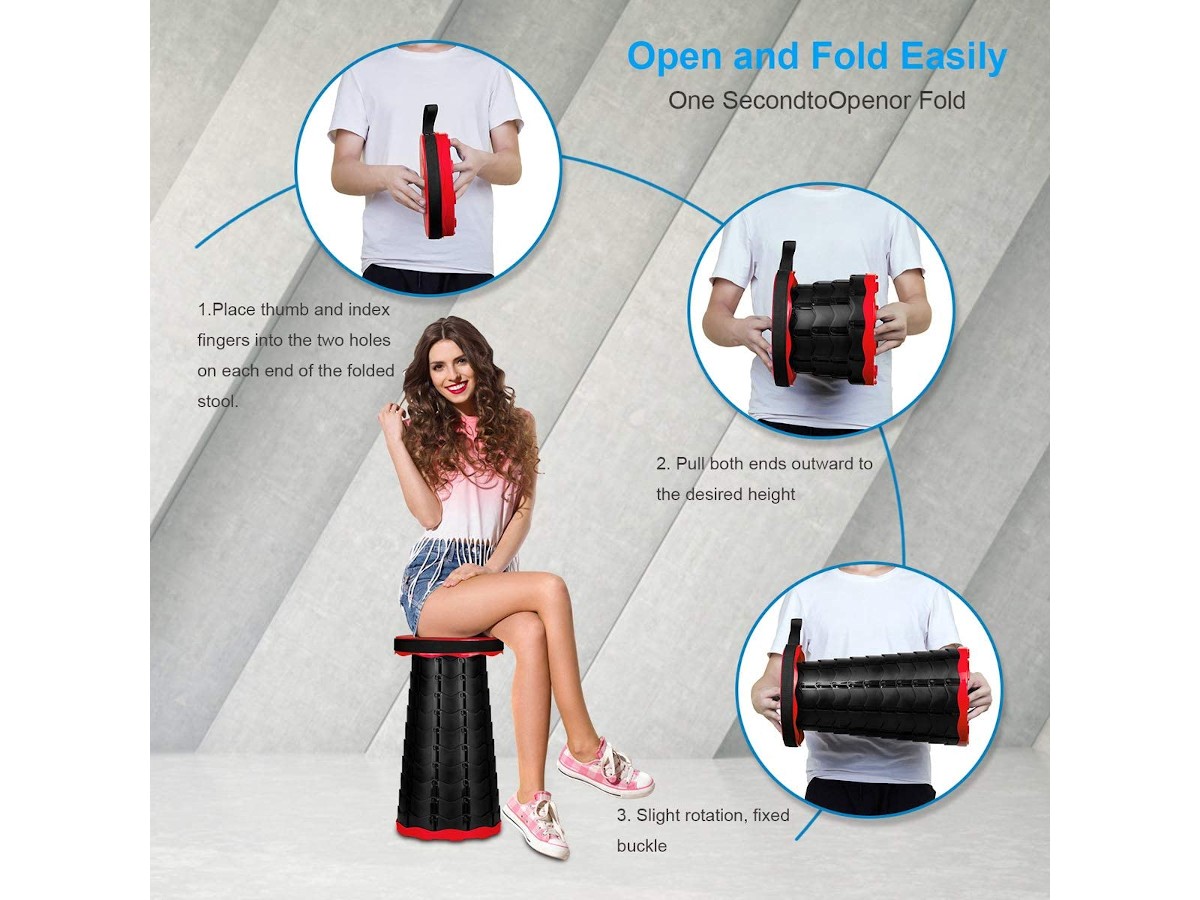 Telescoping Collapsible Retractable Folding Stool Portable Load 330 lb  Folding Seat for BBQ Camping Pool Fishing Hiking RED