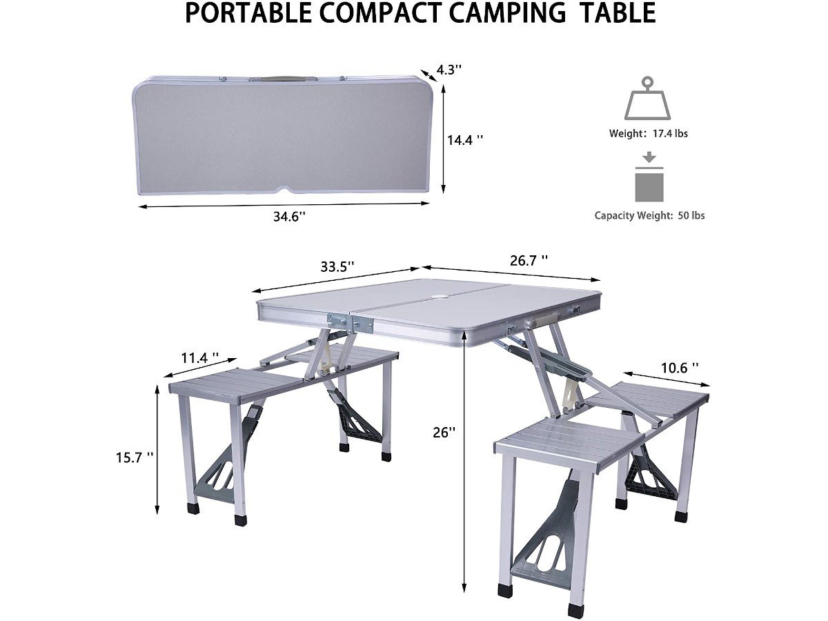 Folding Camping Table Chair Set, Aluminum Suitcase Portable Camping Picnic  Table with 4 Seats,Umbrella Hole for Party, BBQ, Beach(Silver) 