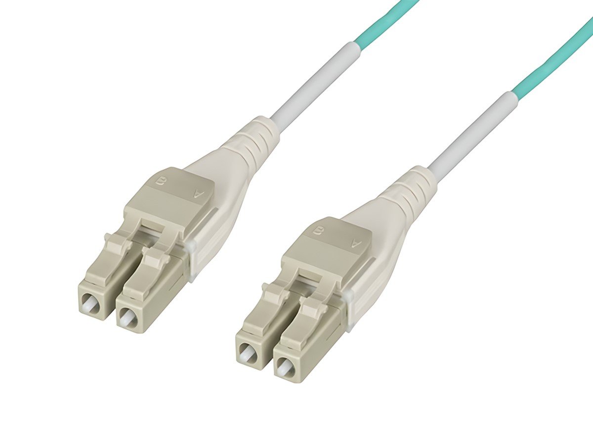 Monoprice OM3 Fiber Optic Cable - Reverse Polarity LC/LC Uniboot, UL, 50/125 Type, 10GB, Aqua, 1m, Corning