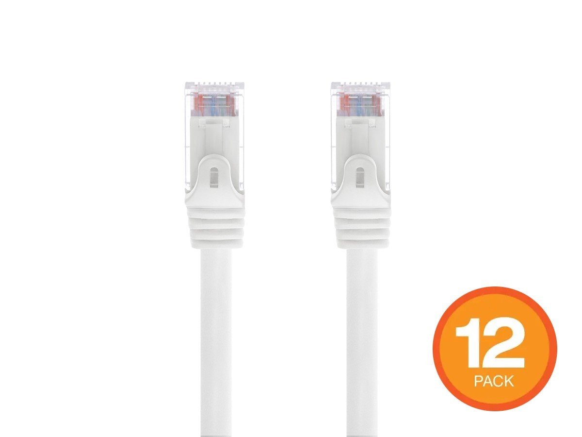 Monoprice Cat6 1ft White 12-Pk Patch Cable, UTP, 24AWG, 550MHz, Pure Bare Copper, Snagless RJ45, Flexboot Series Ethernet Cable