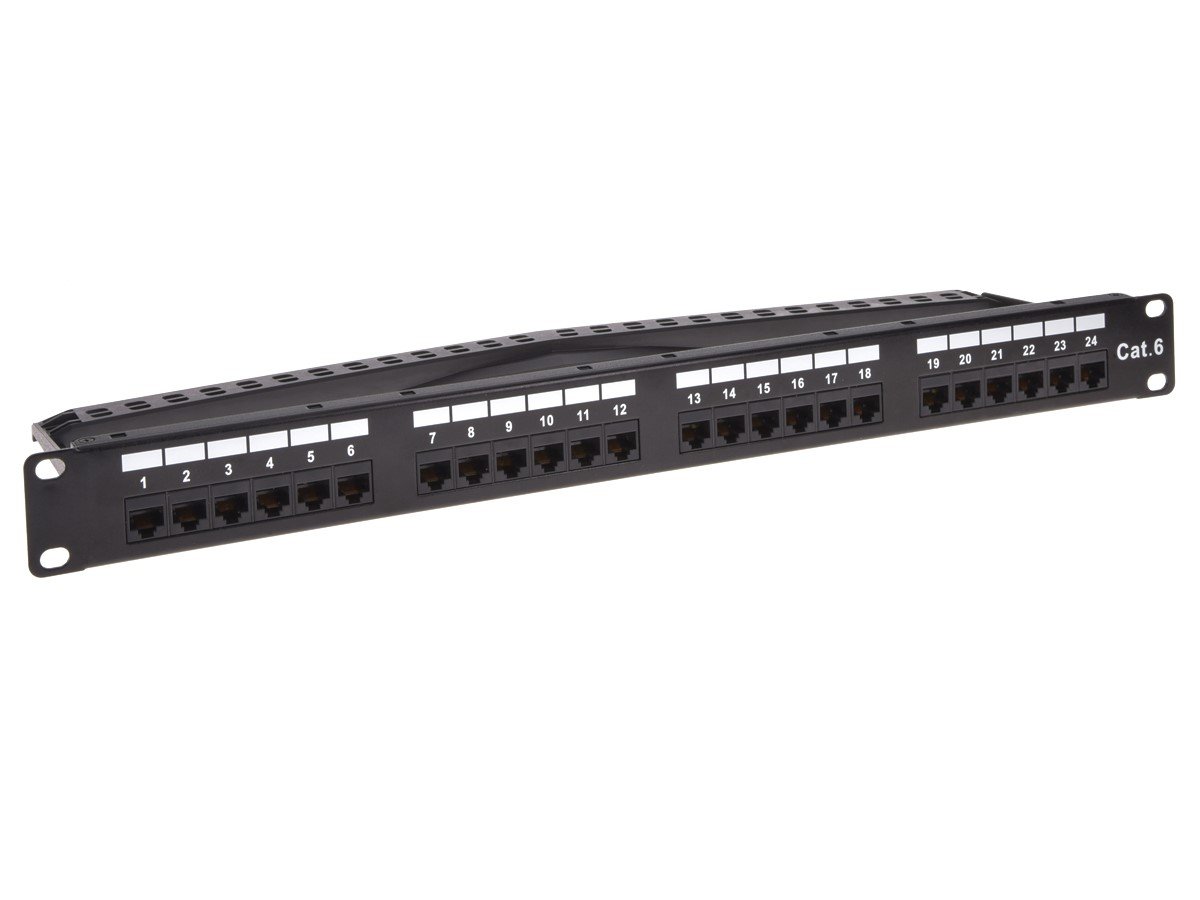 Monoprice 24-port Cat6 Unshielded UL Listed Patch Panel, 1U, 110/Dual IDC, with Wire Support Bar, Metal front, PoE++ (TAA) - main image