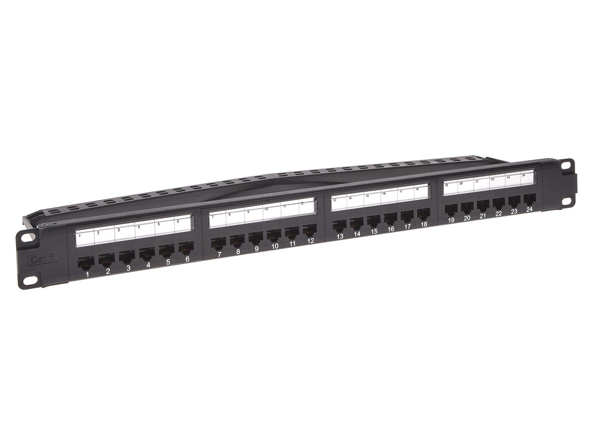 Monoprice 24-port Cat6 Unshielded 180-degree UL Listed Patch Panel, 1U, 110/Dual IDC, with Wire Support Bar, PoE+ (TAA) - main image