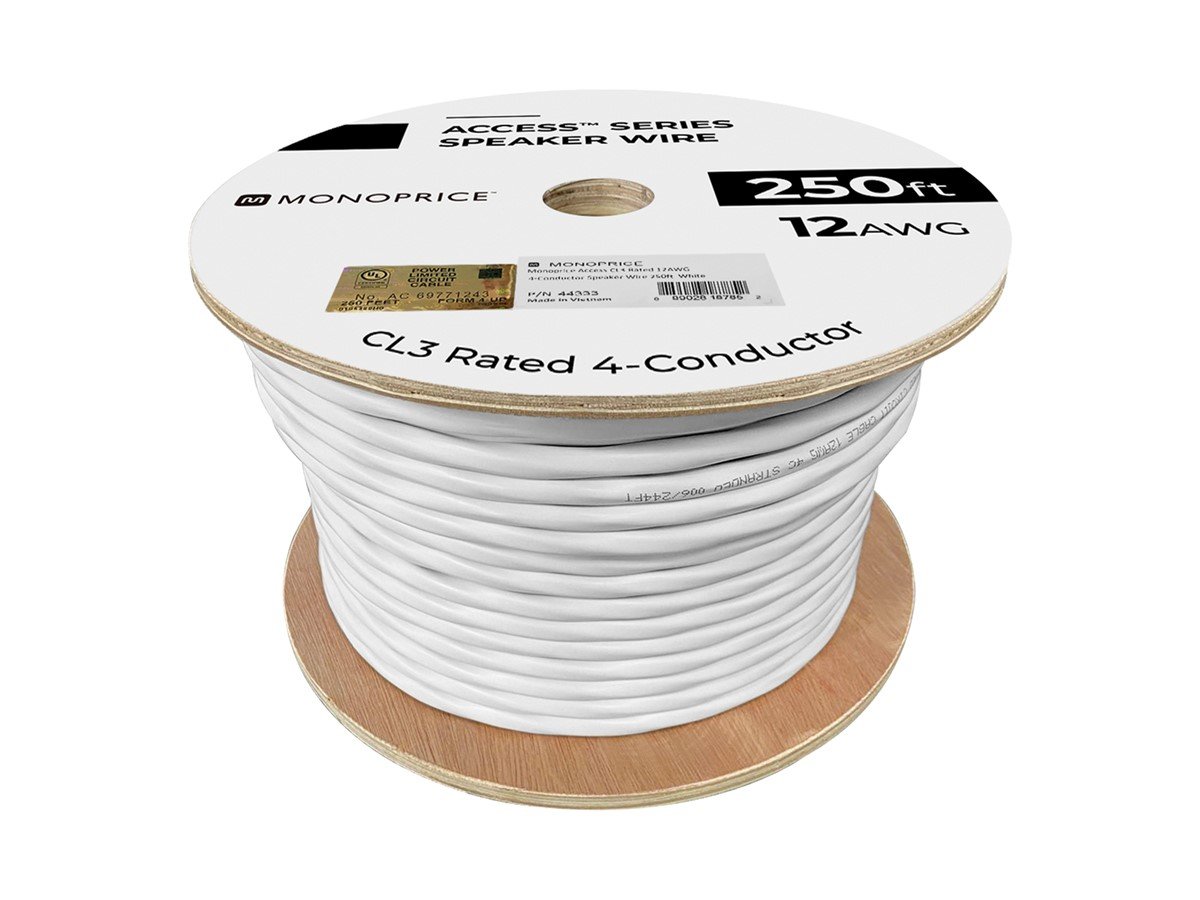 Monoprice Speaker Wire CL3 Rated 4-Conductor 12AWG 250ft White