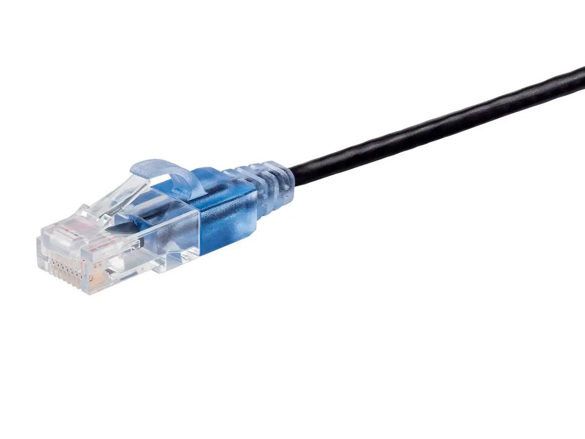 Monoprice SlimRun Cat6A Ethernet Patch Cable - Snagless RJ45, Stranded, 550Mhz, UTP, Pure Bare Copper Wire, 10G, 30AWG, 7ft, Black, 1-Pack - main image