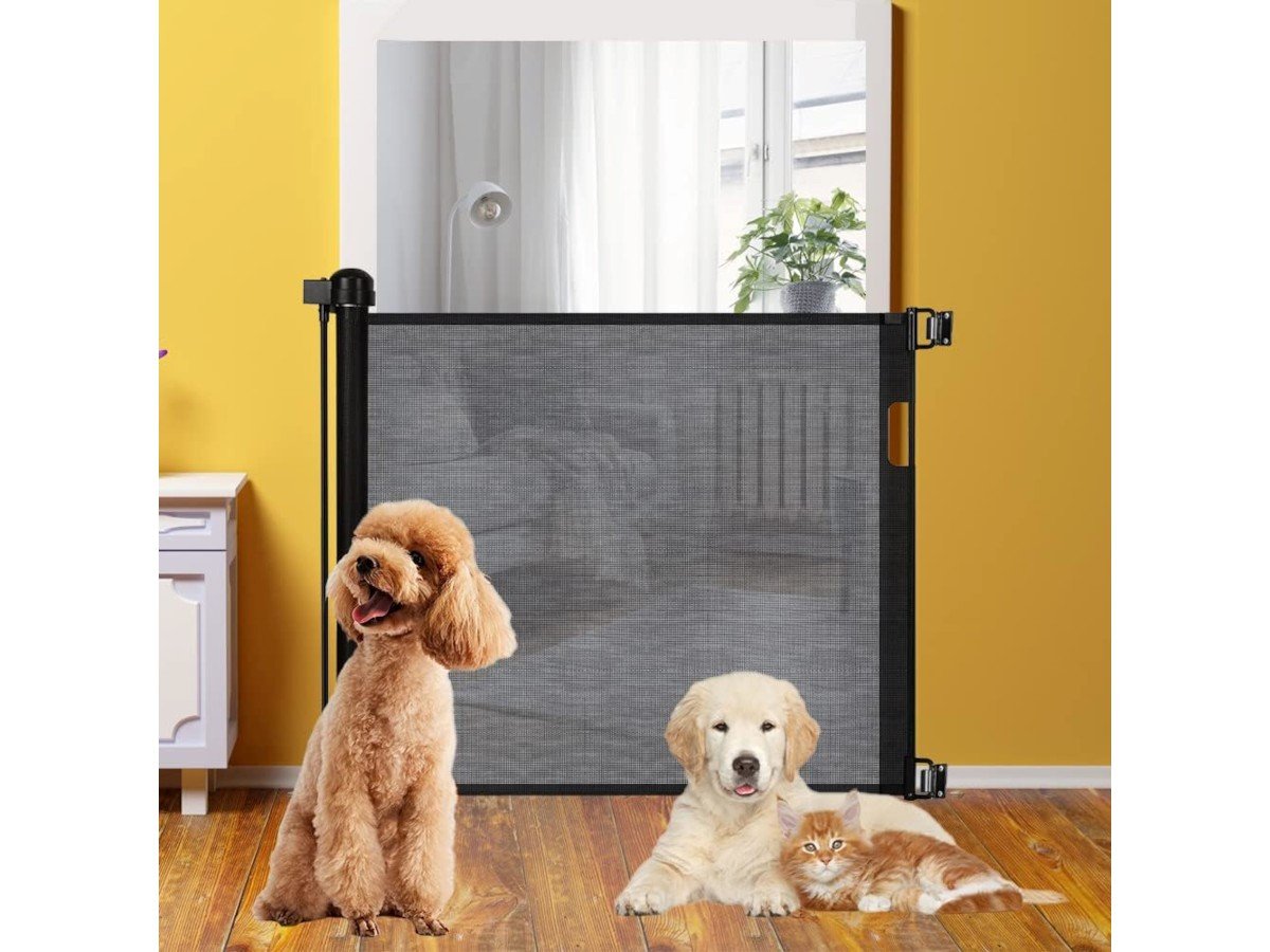 MPM Retractable Pet Gate 33-Inches Tall, Extends up to 55 Inches Extra Wide Pet Friendly Indoor Outdoor Mesh Gates Dog Cate for Doorways, Hallways, Stairs, Bedroom, Living Room, Indoor, Outdoor - main image